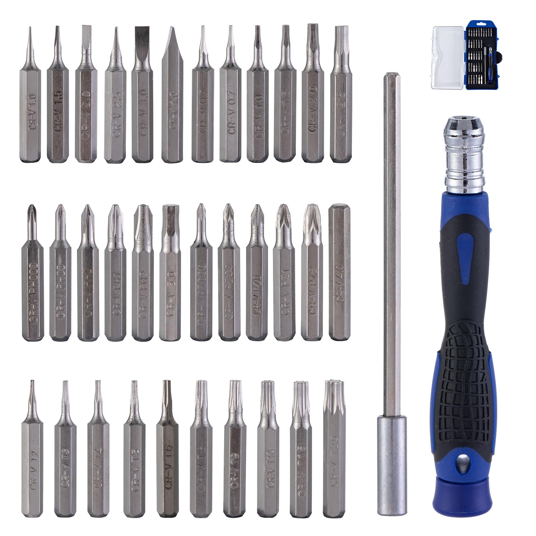 Mikiotto  36 Piece Impact Screwdriver Set with Ratcheting Handle 34 Bits Extension Bar Red Plastic Case for Electrical Work and DIY Projects