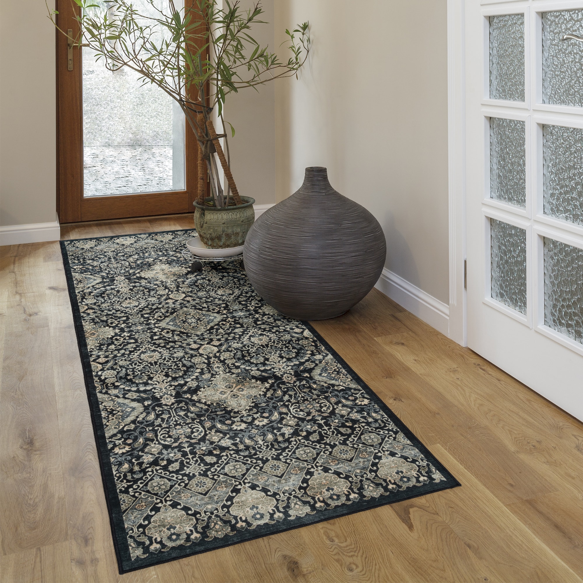 GERTMENIAN 28527 Tanis 2 x 6 (ft) Polyester Black Rectangular Indoor Floral/Botanical Bohemian/Eclectic Runner rug