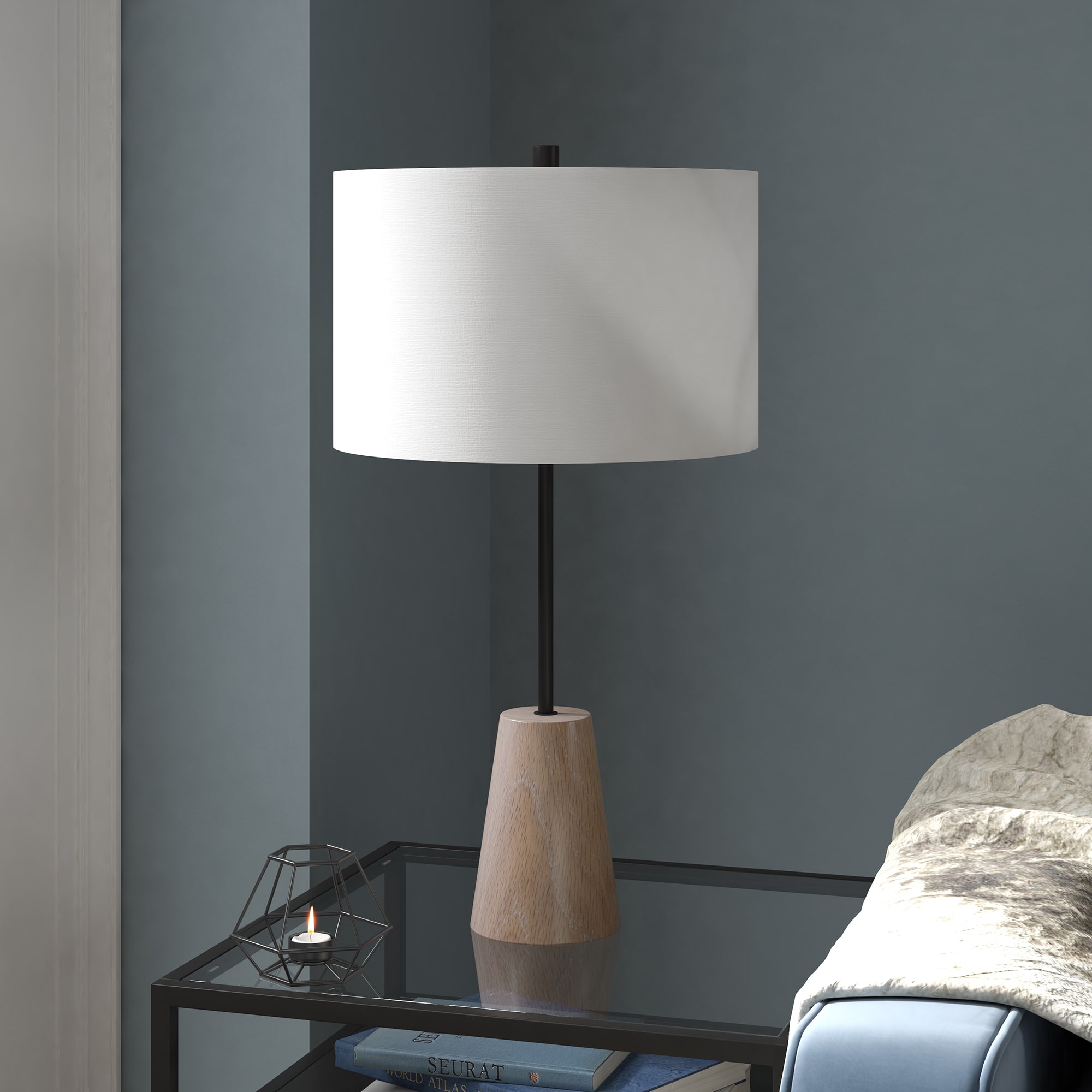 Hailey Home TL1745 Killian 25.5-in Matte Black/Limed Oak Rotary socket Table Lamp with Fabric Shade