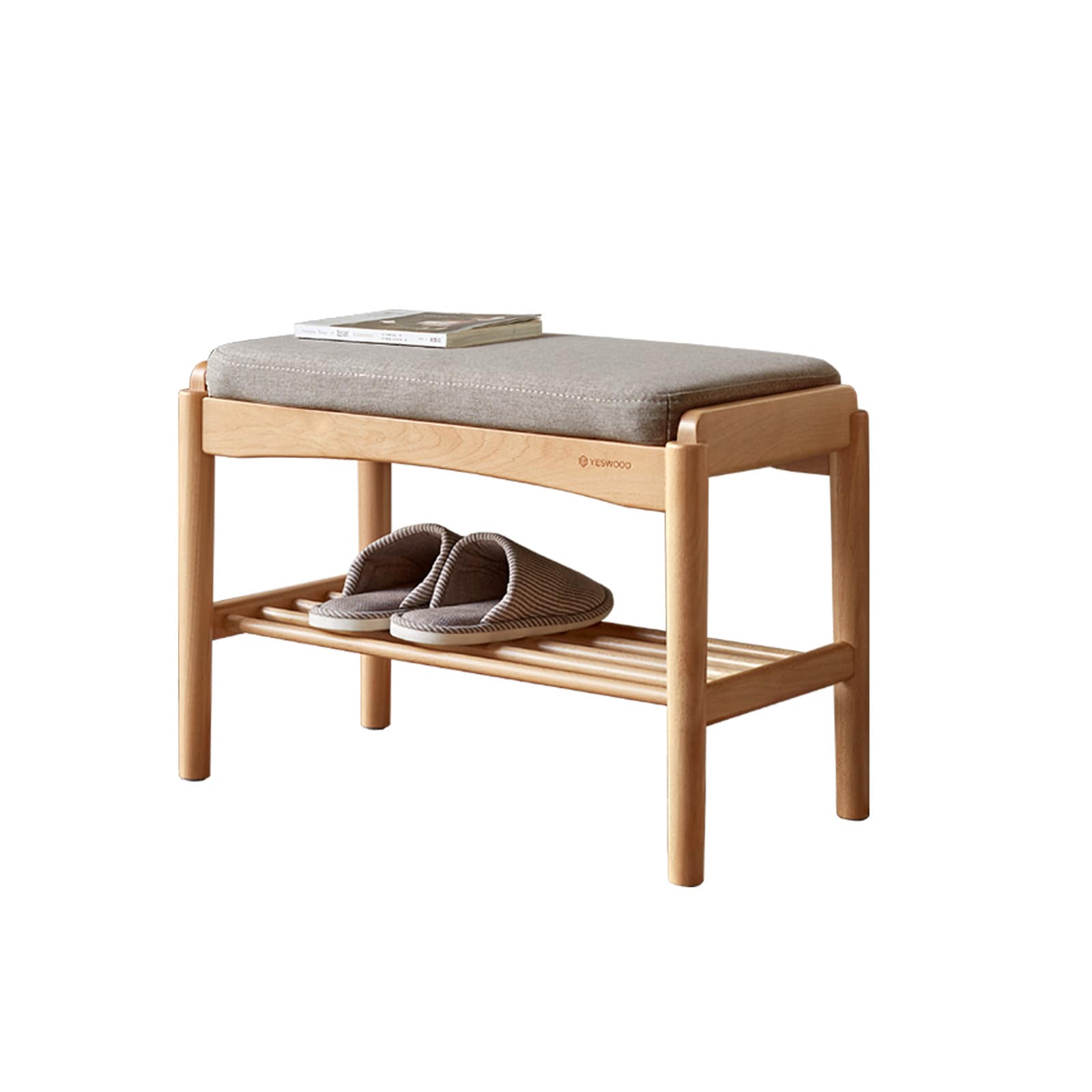 Huluwat Gray Natural Solid Wood Shoe Bench Mid-Century Modern Storage Bench with High Rebound Sponge Cushion for Entryway and Living Spaces