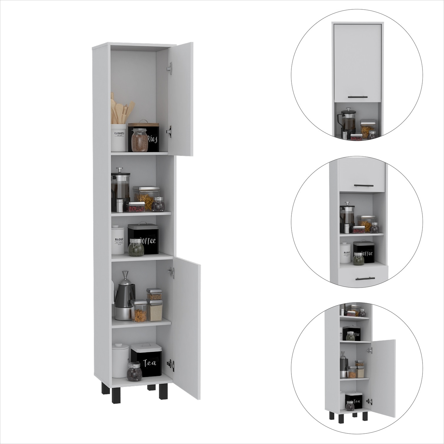 FlowLuxe Soft white tall pantry cabinet with polished chrome hardware ...