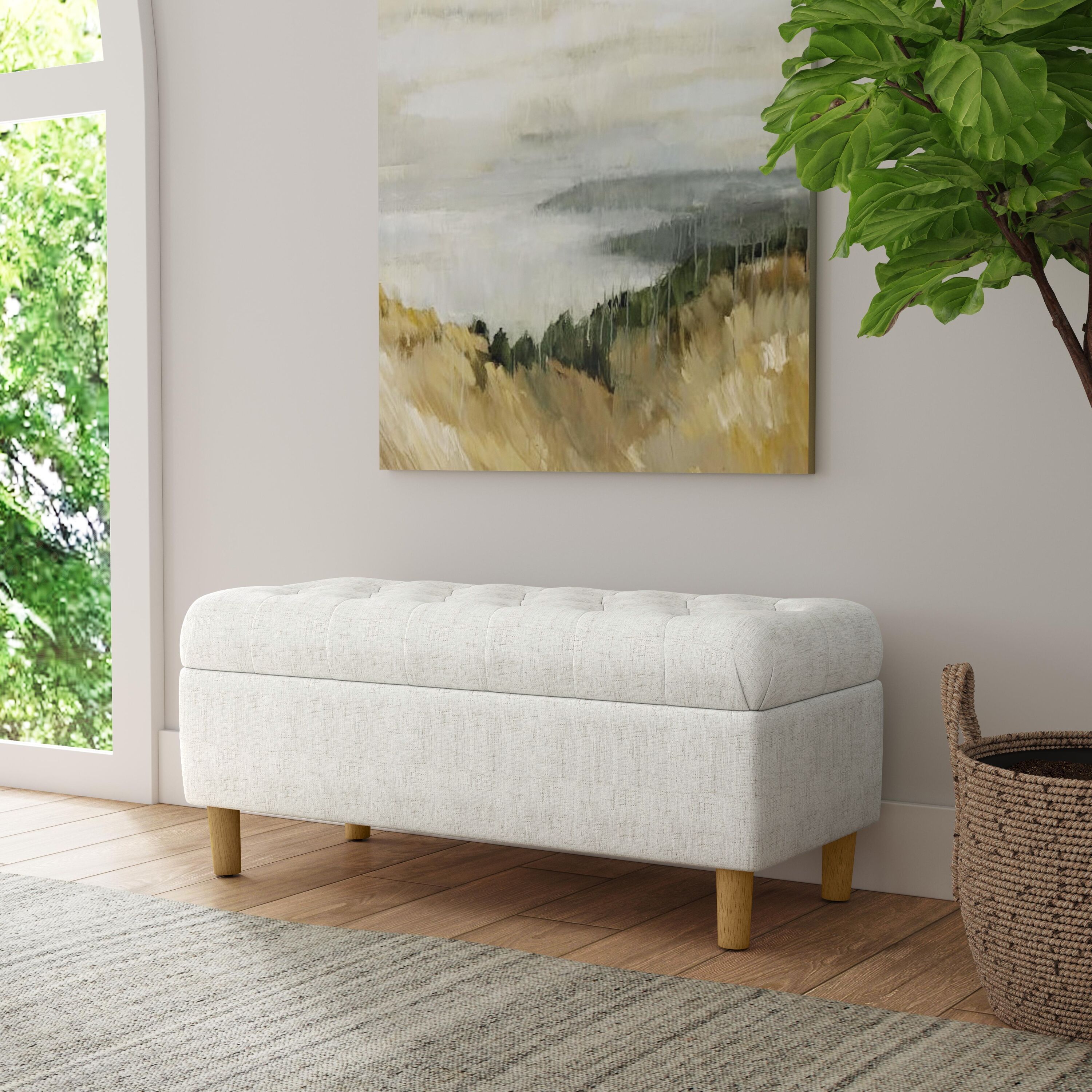HomePop K8687-F2450 Casual Cream Textured Tufted Storage Bench with Storage 40-in x 18-in x 18-in