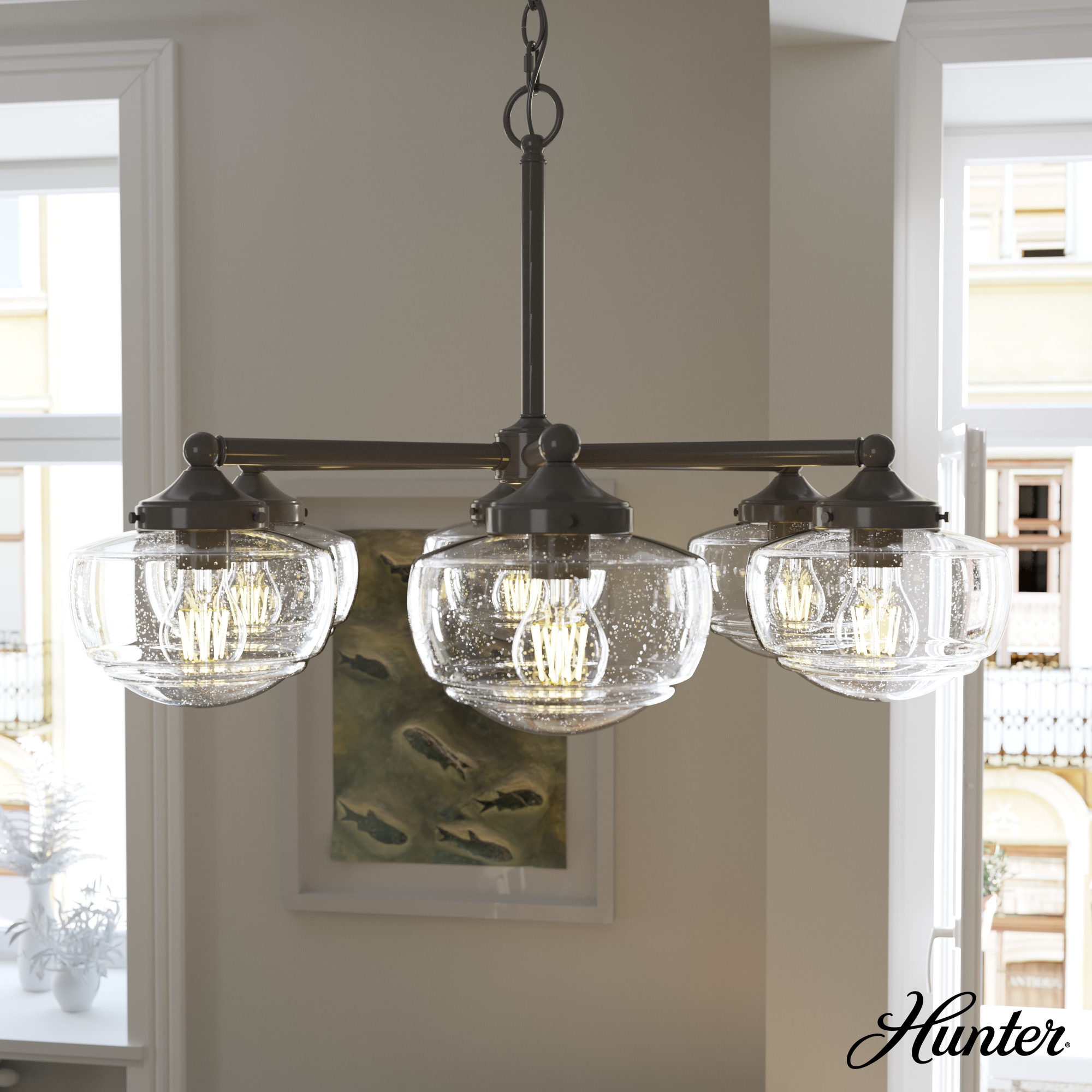 Hunter 19388 Saddle Creek 6 -Light Satin Bronze Transitional For Use in Bedrooms, Dining Rooms, Foyers, Kitchens, Living Rooms Chandelier