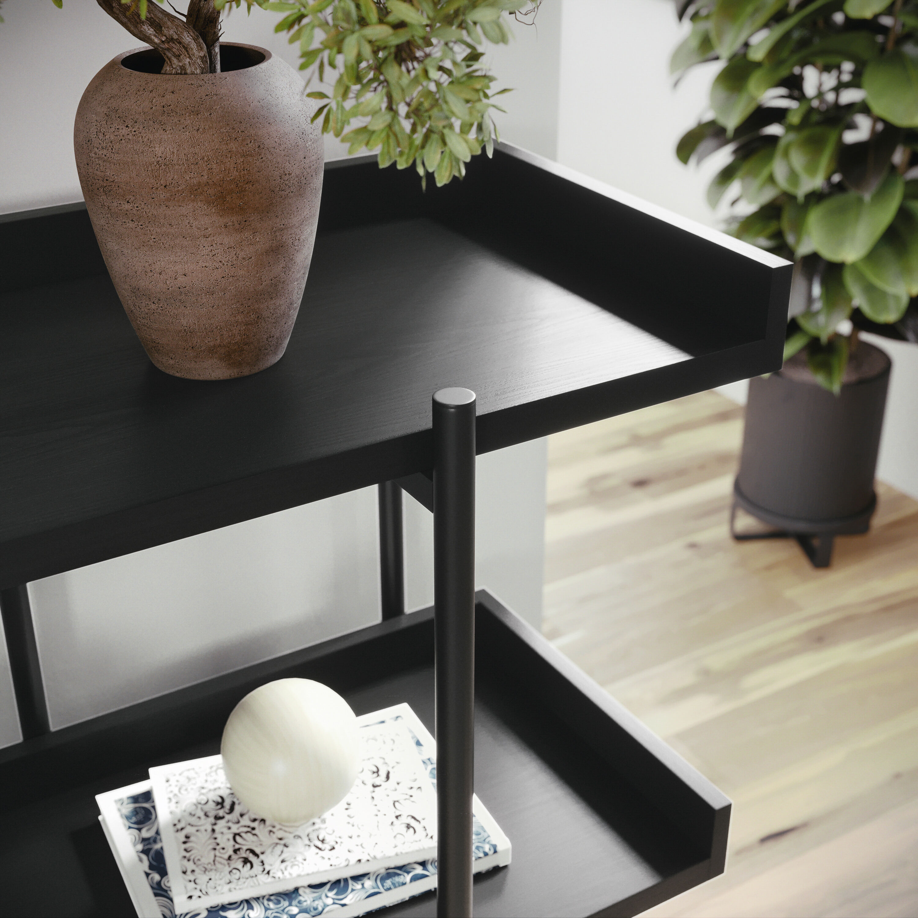 Black Wood Grain 3-Shelf Bookcase with Oil Rubbed Bronze Frame