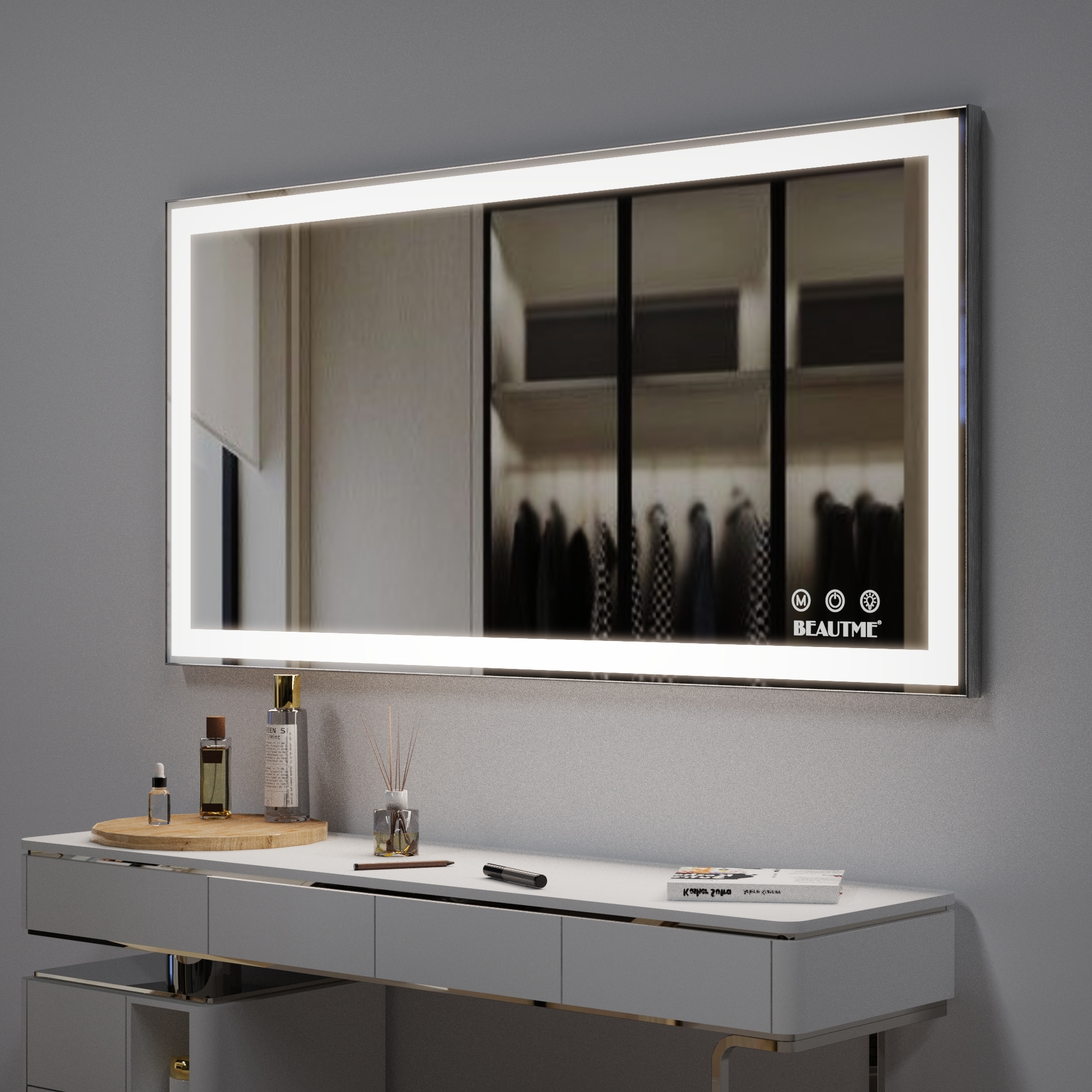 WELLFOR AMBE-014824 48-Inches x 24-Inches Framed Rectangle Dimmable Lighted Fog Free Bathroom Vanity Mirror ( Black )