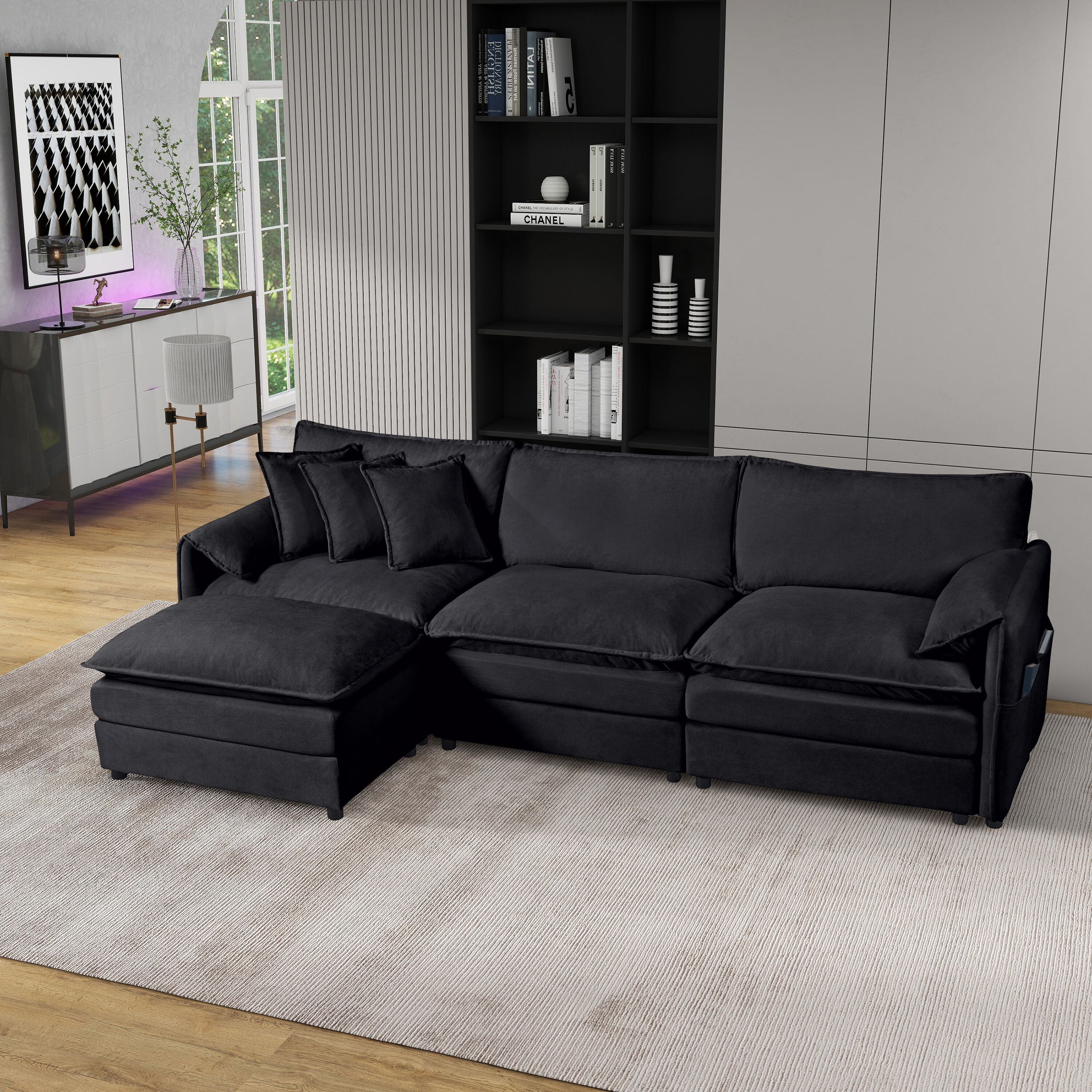 LOVMOR SF-Y-W3163S00021 Modular Sectional Sofa  Oversized Deep Seat L Shaped Couch Set for Living Room  3-Seater Comfy Cloud Couches with Movable Ottoman  DIY Combination  Chenille Black