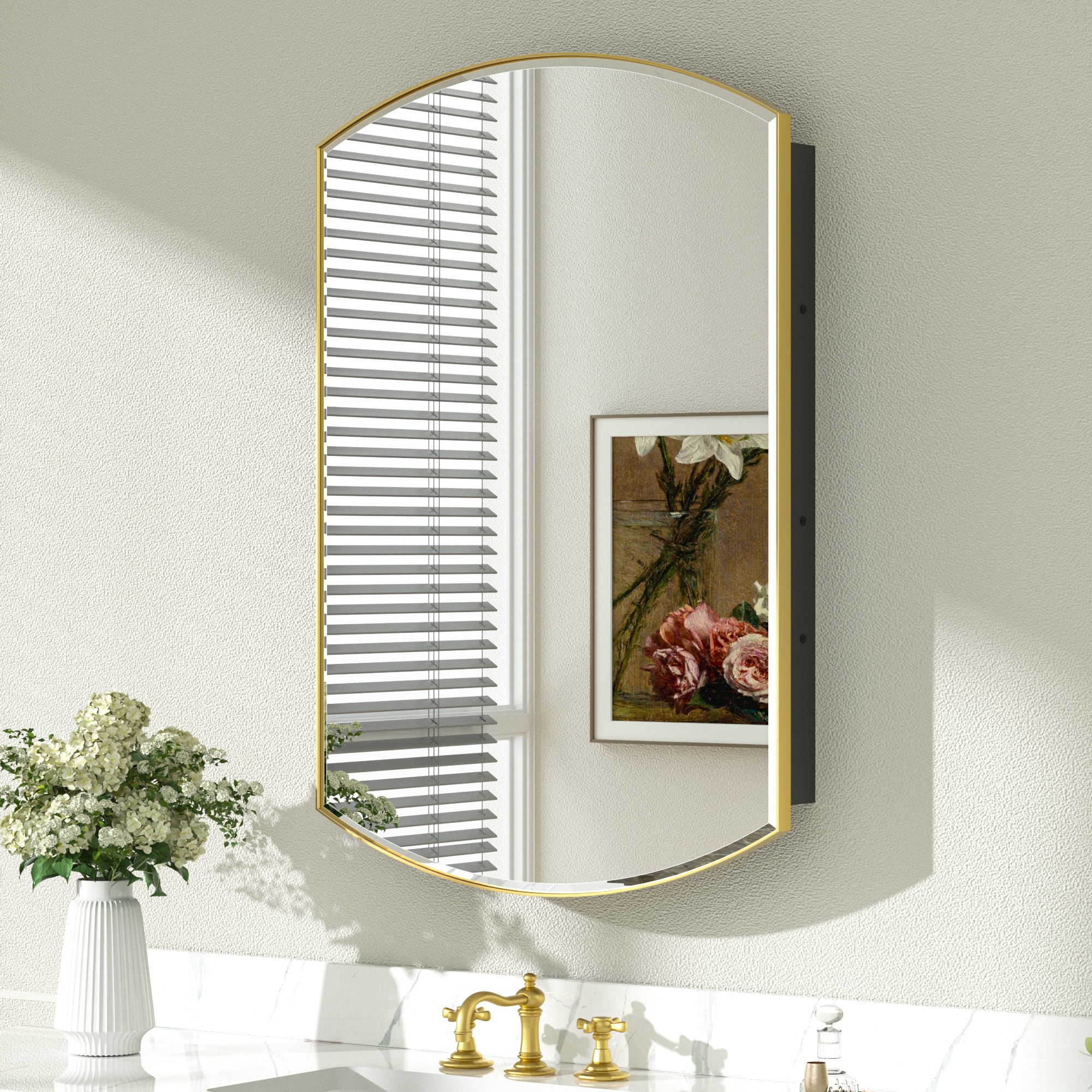 Keonjinn LW-JSKJG-CX-6191GD 24-in x 36-in Surface/Recessed Mount Gold Mirrored Arched Soft Close Medicine Cabinet
