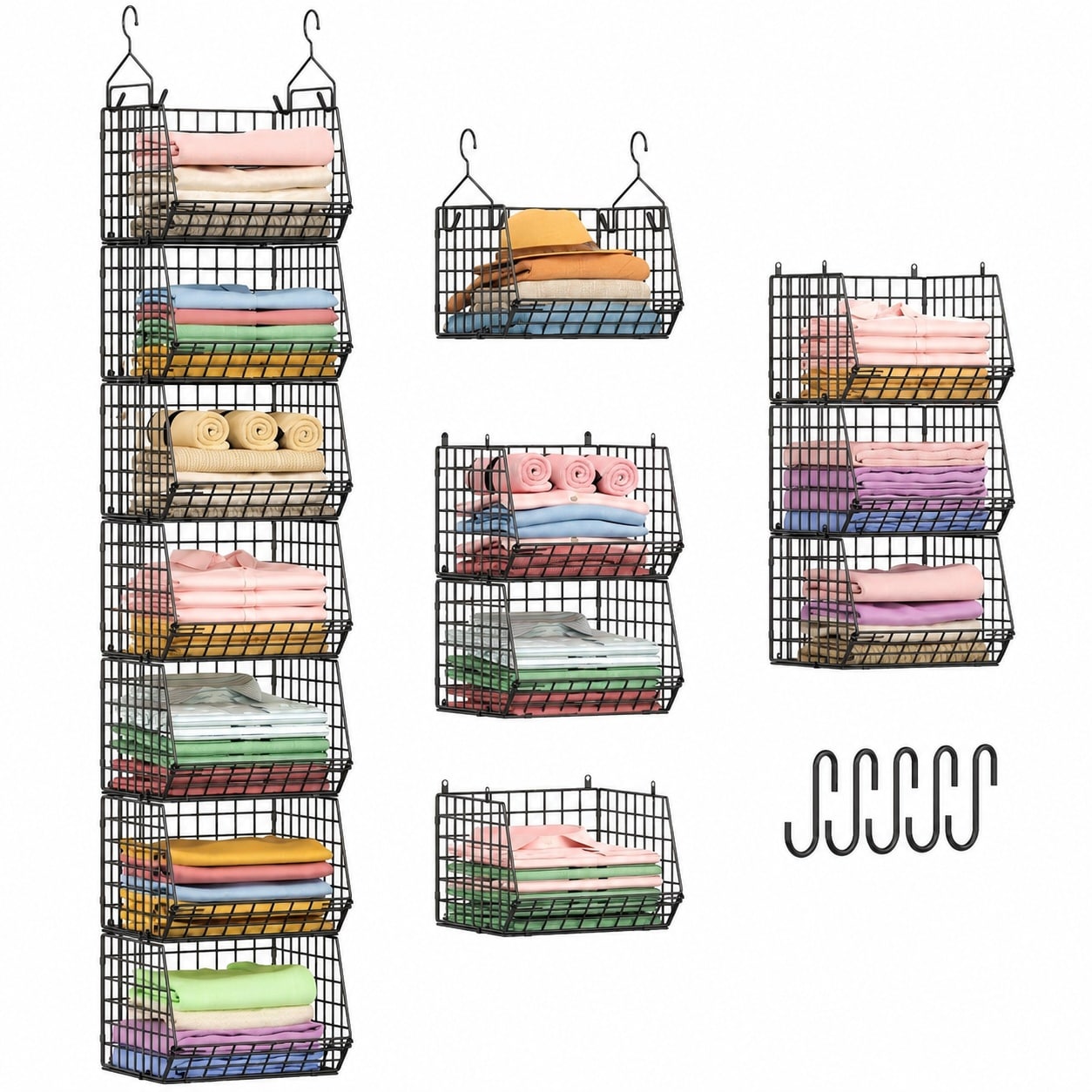 KIWDZFU - 7 Tier Foldable Hanging Closet Organizer Set with Wire Shelving and 5 S Hooks for Clot...