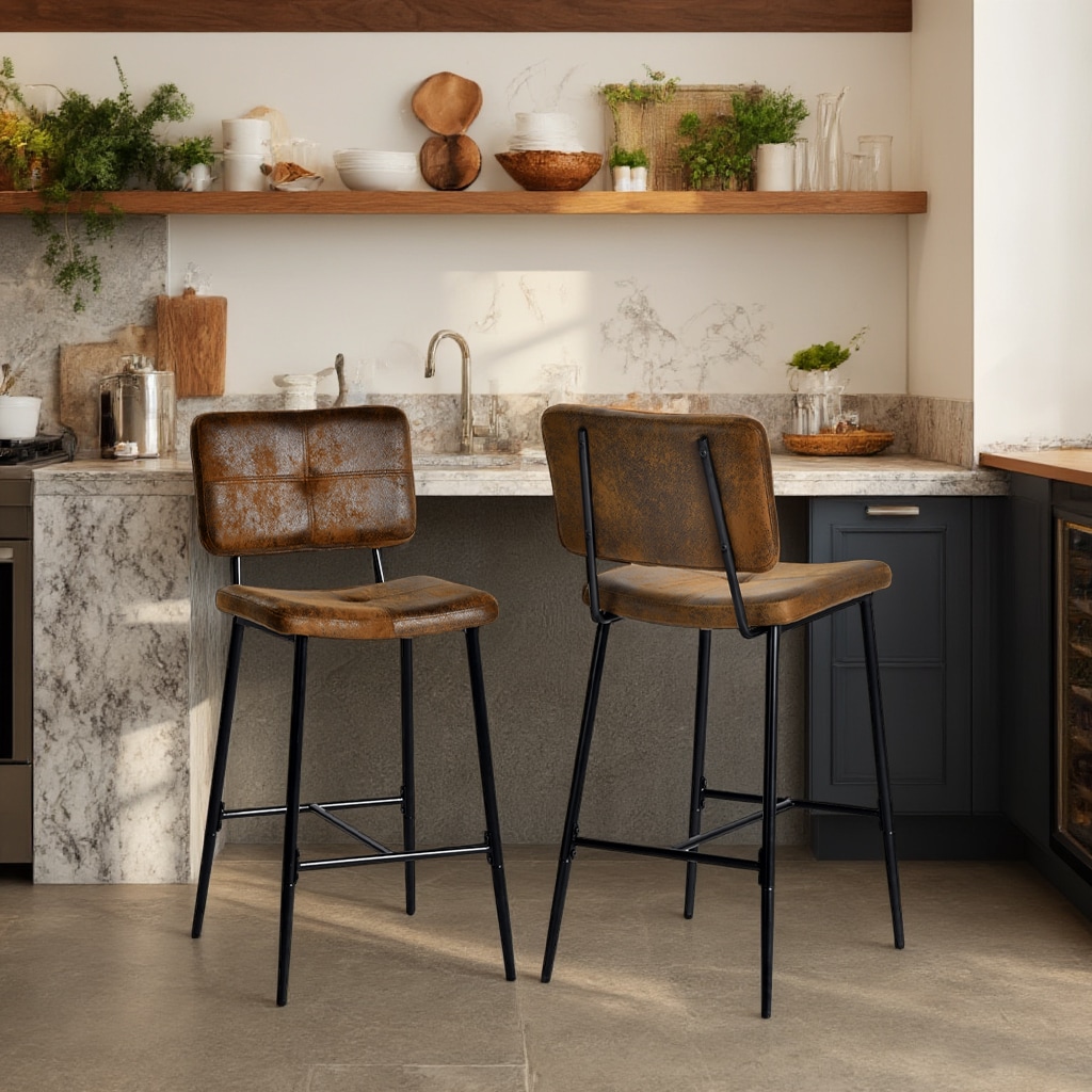 Homy Casa POMONA BAR 2 26.7 in. Saddle Brown Suede Upholstered Counter Height Bar Stools with Black Metal Legs (Set of 2)