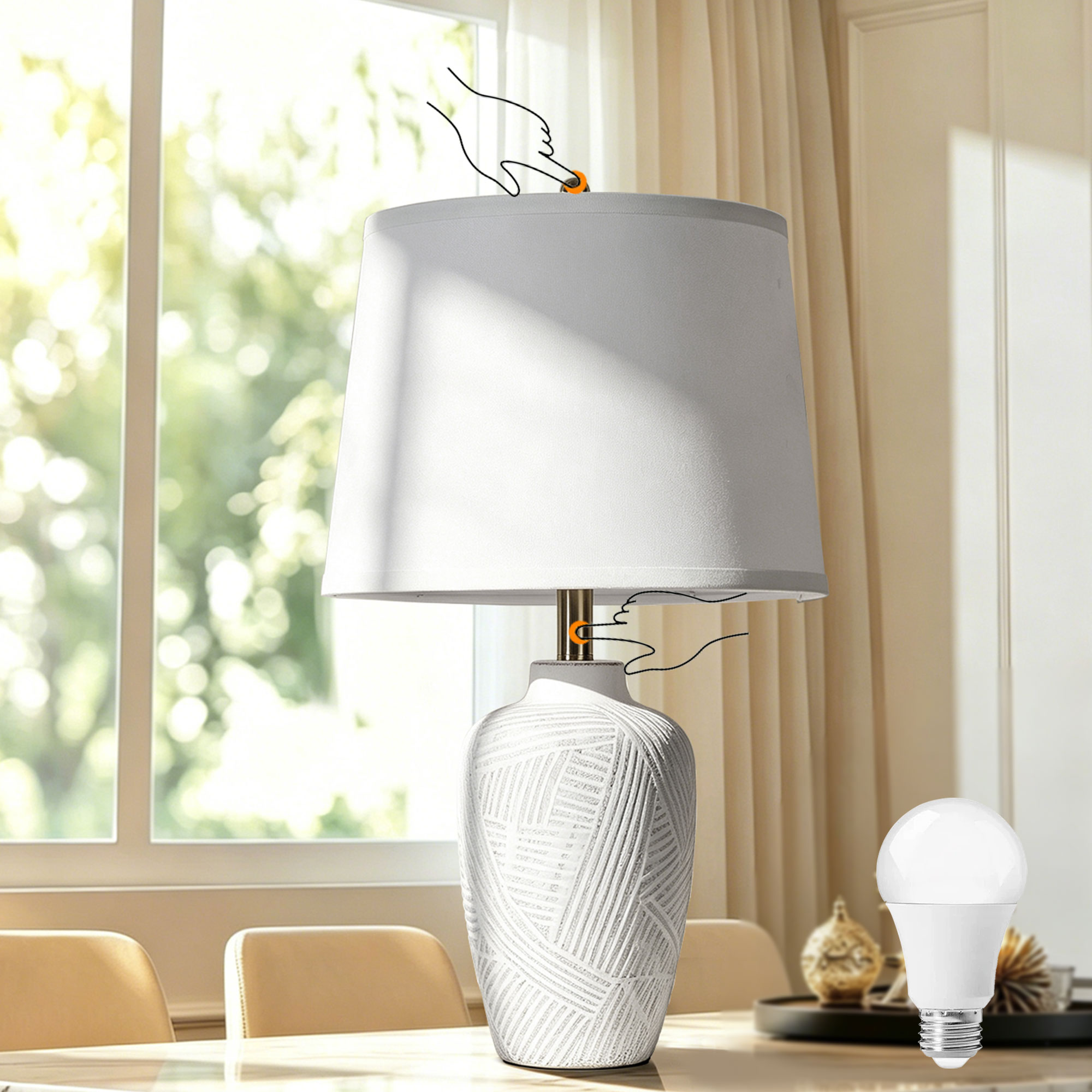 SUNLONG  1 Pack 23.82 in Vintage White Touch Dimmable Ceramic Table Lamp with Detachable Fabric Lampshade and Warm Light Bulbs