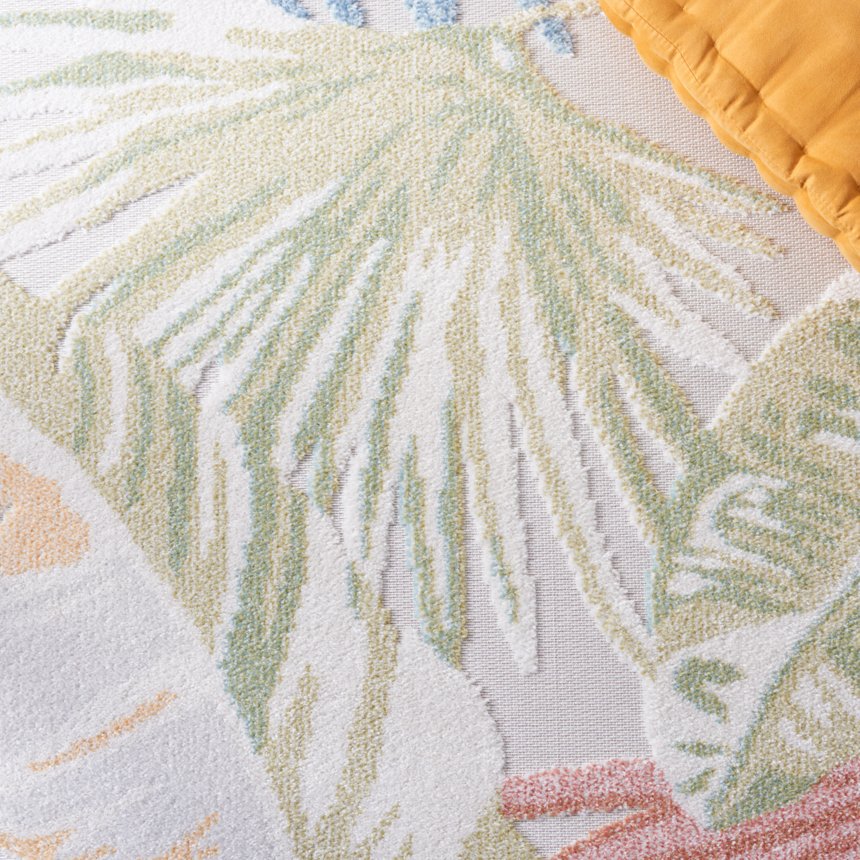 Lush Florals 79'' Square Light Green & Beige Easy-Care Outdoor Rug
