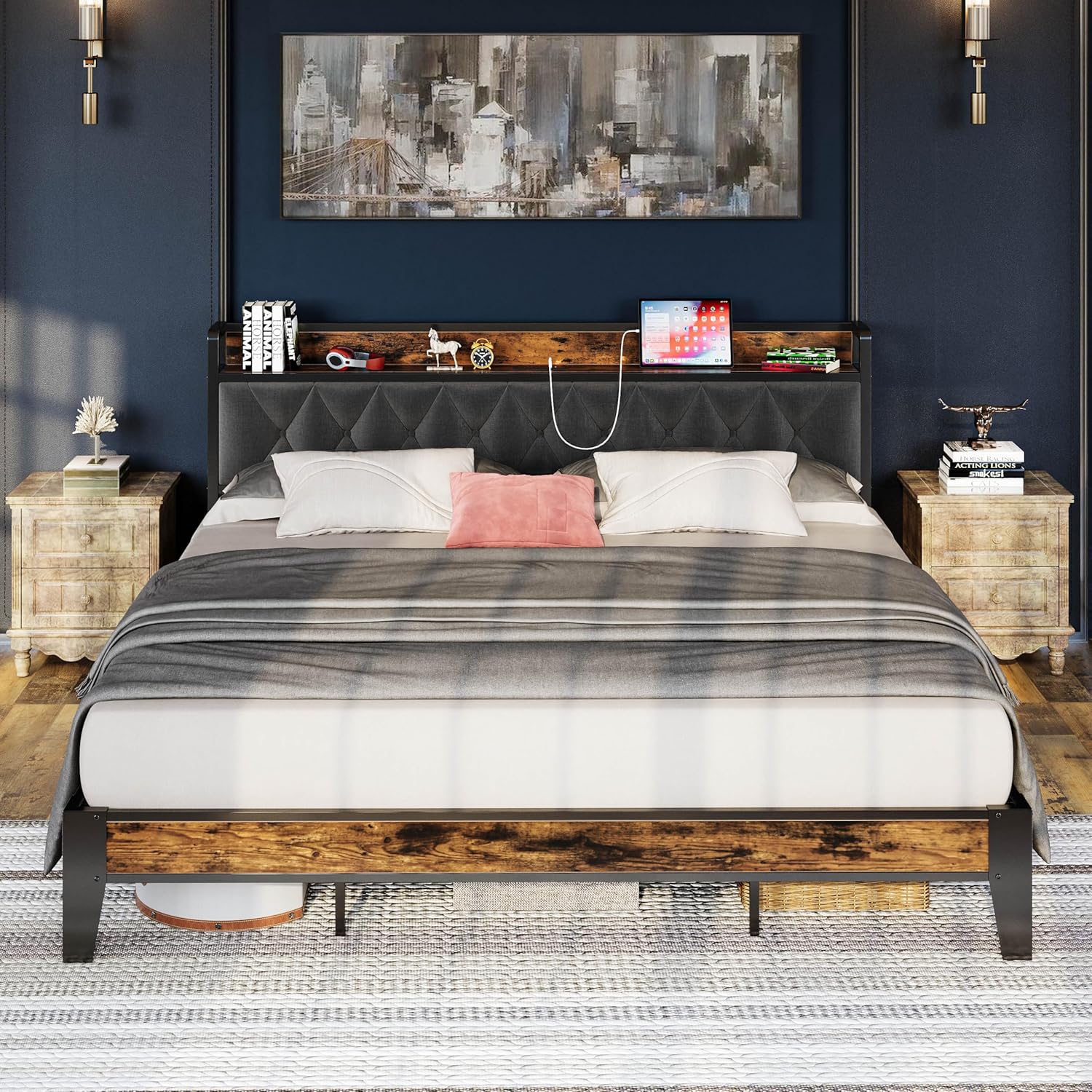 Anctor JT28RA0PZZVBW4YL 74-in W Vintage Brown and Gray California King Bed Frame with Storage Headboard and Outlets