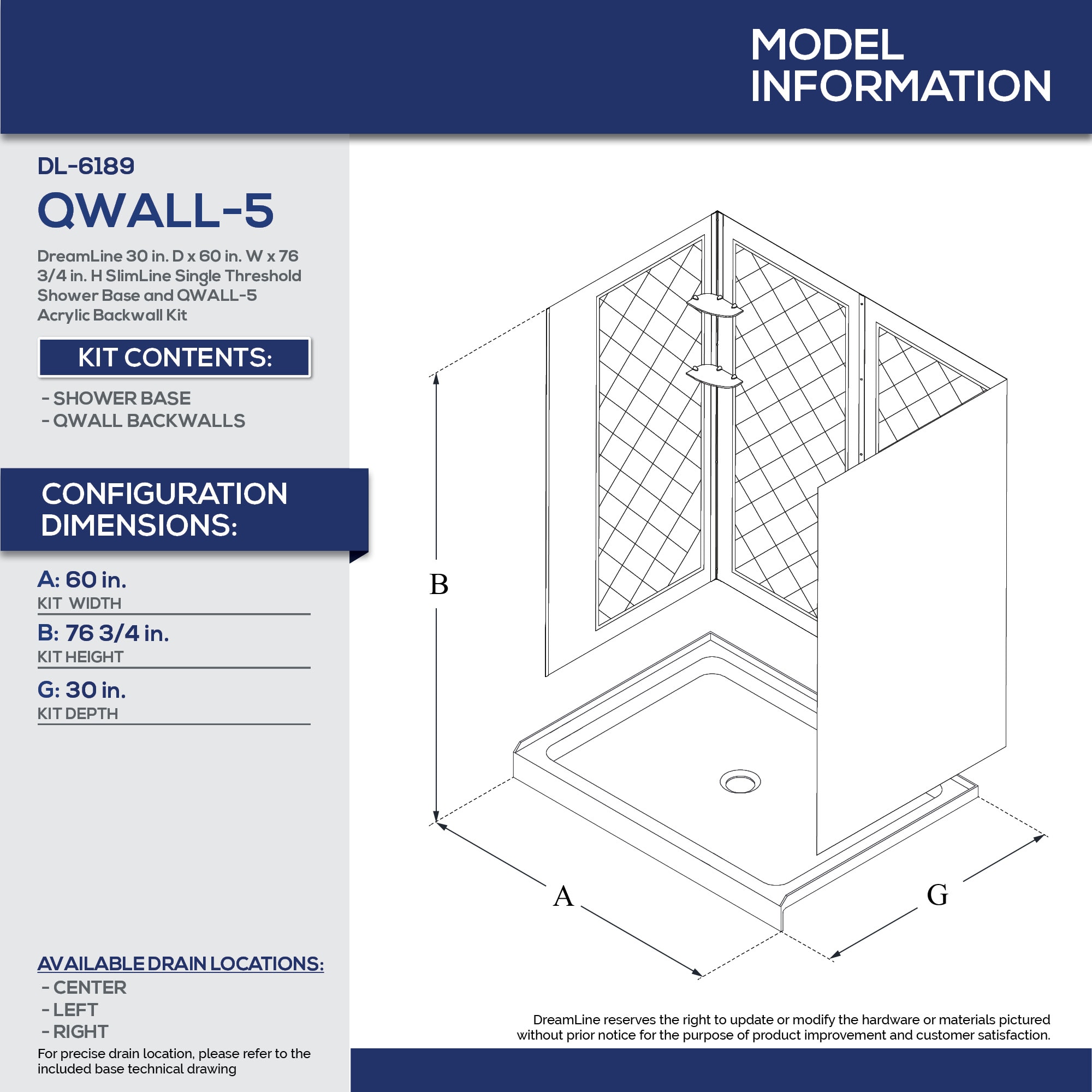 DreamLine QWALL-5 White 2-Piece 30-in x 60-in x 77-in Base/Wall Rectangular  Alcove Shower Kit (Left Drain) in the Shower Stalls & Enclosures department  at