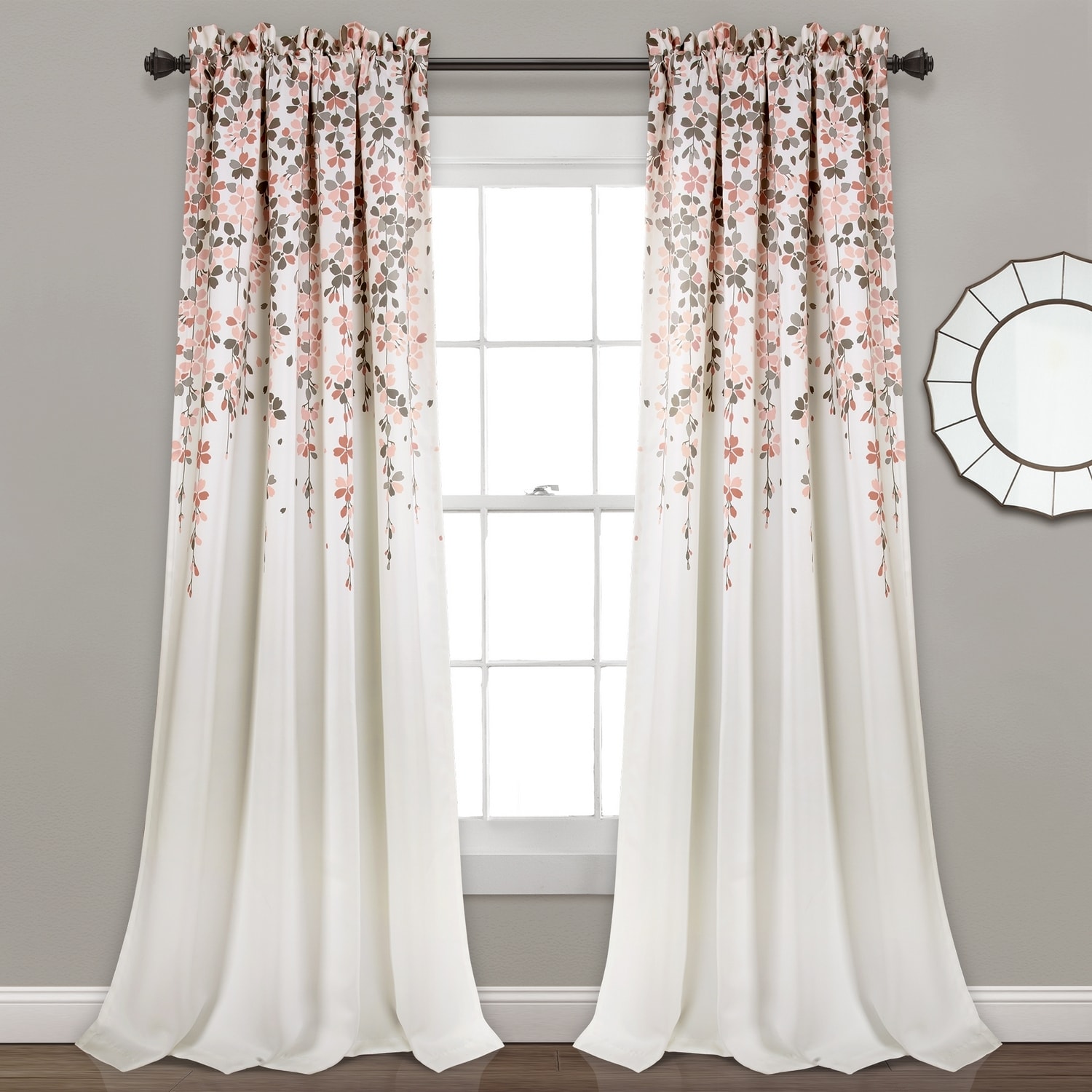 Blush and Gray Floral Blackout Polyester Window Curtain Panels