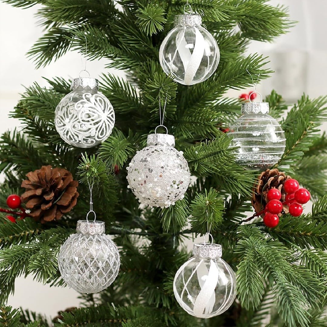 Garvee 25 Pack 2.36 Inch Clear Silver Christmas Ball Ornaments Shatterproof Plastic Tree Decorations Metal Hanging Loops Holiday Decor