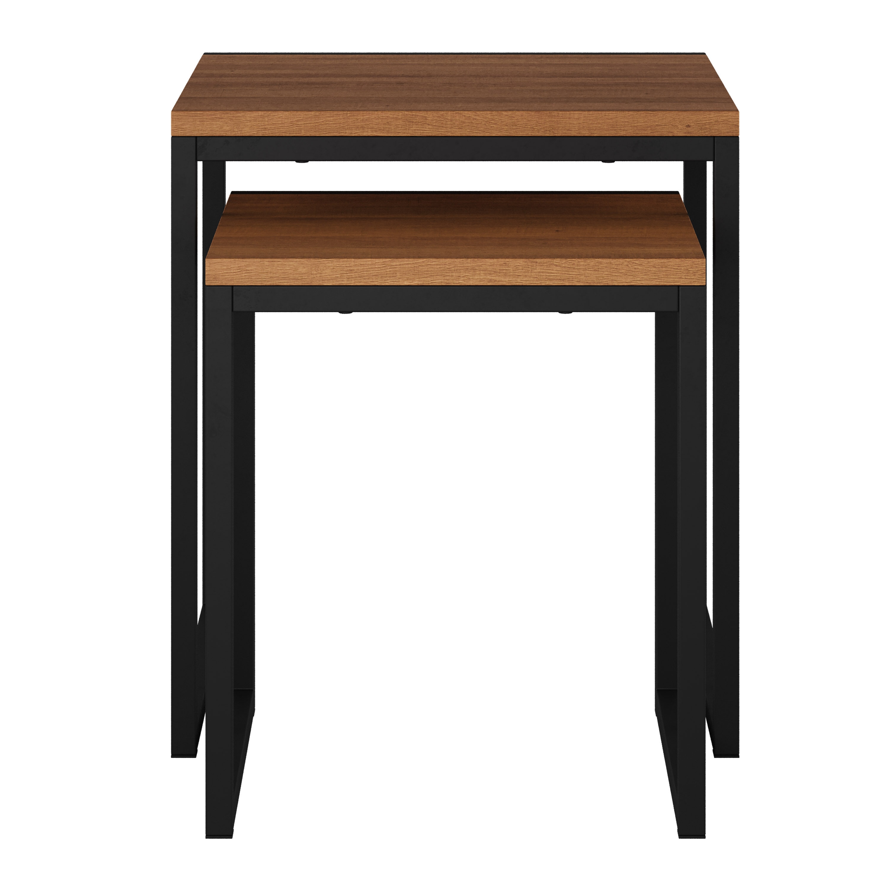 Set of 2 Brown Wood and Black Metal Square Nesting Side Tables