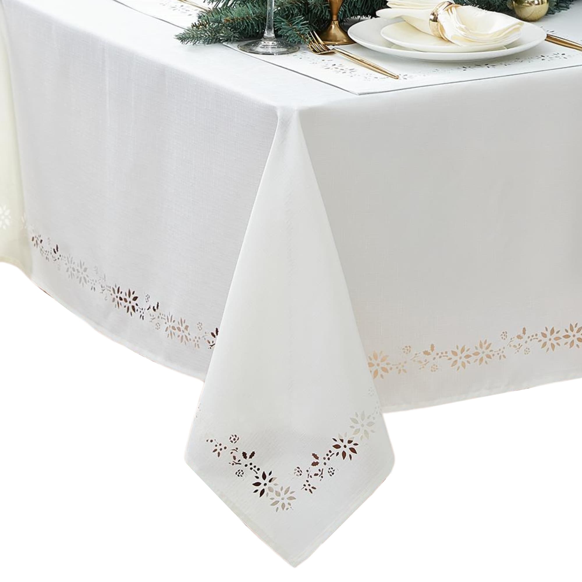 Elrene Home Fashions 194590301996 Poinsettia Noel Laser Cut 52 in. Square Indoor Ivory Table Cover for 34-in square