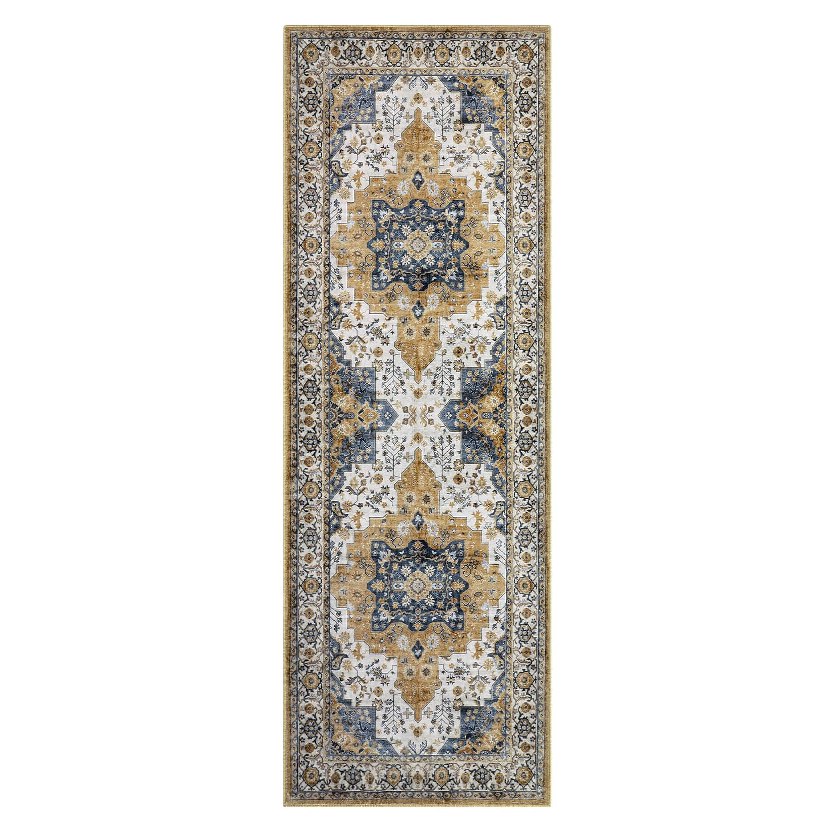 Qeetex LSN-PHO-15FBWOEK 2 x 6 ft Pearl Velvet Orange Yellow Rectangular Hallway Bathroom Entryway Kitchen Office Foldable Flower Printed Persian Washable Area Rug