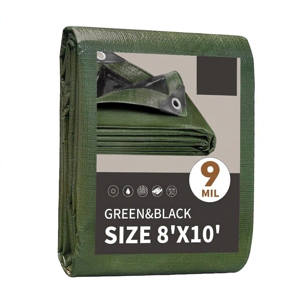 Phyfalip  8x10 Feet Waterproof Poly Tarp 9 Mil Thick UV Resistant Heavy Duty Green Black Sheet with Metal Grommets