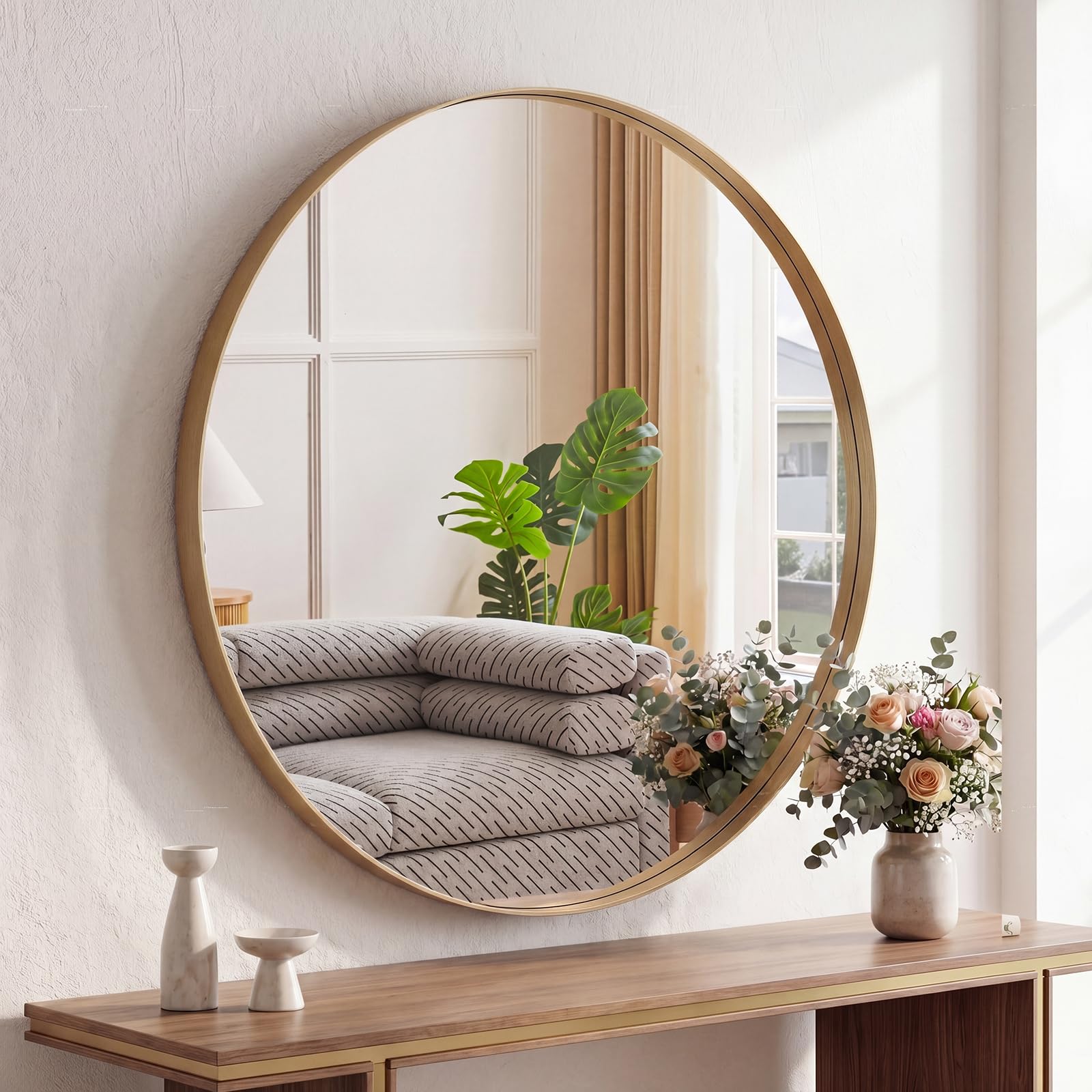 Atilioo 28 Inch Gold Round Wall Mirror Bathroom Wall Circle Mirror with Metal Frame Bathroom Decor for Entryway Living Room Vanity