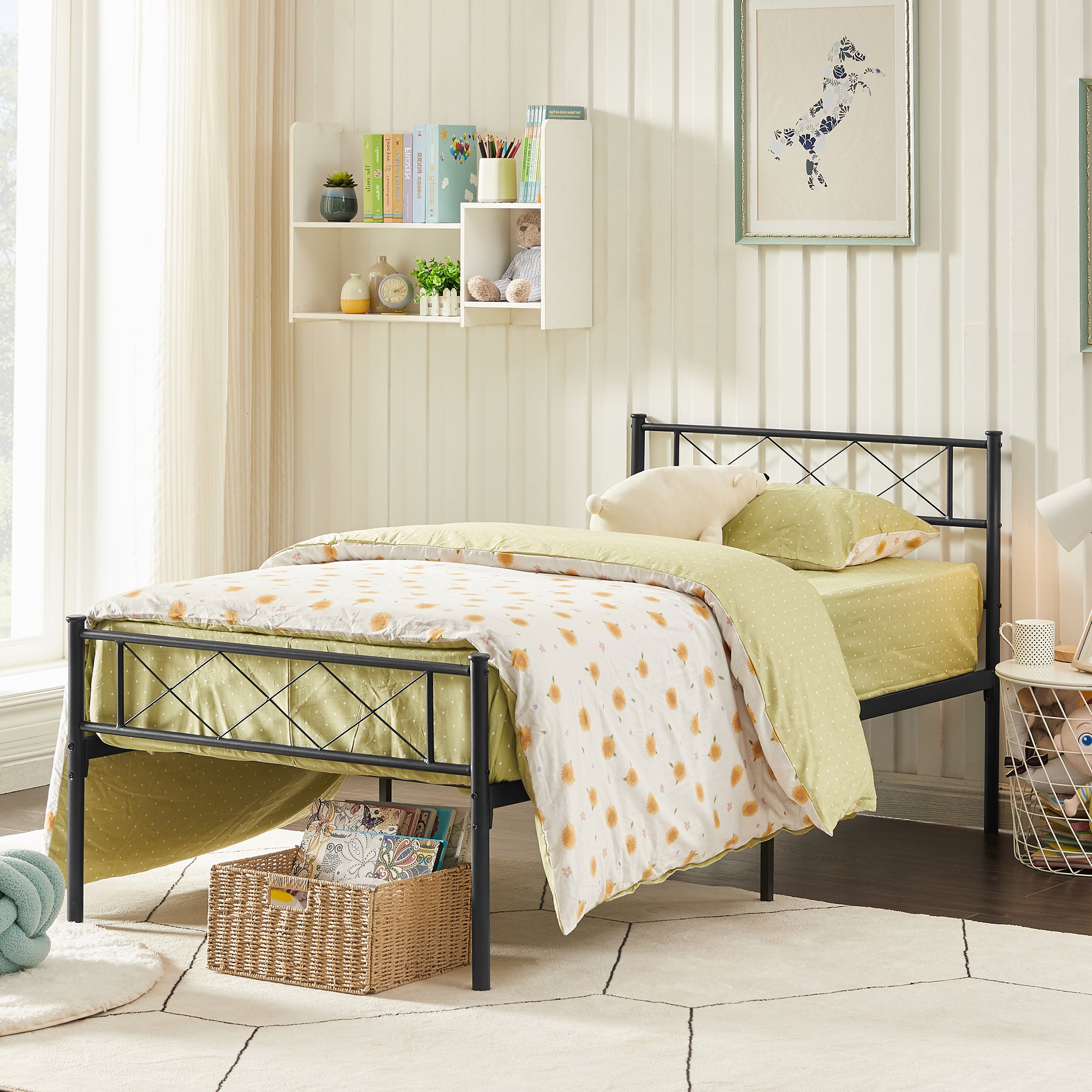 Vecelo LOE-YT-T08 Twin Size Metal Bed Frame with Headboard Modern Platform Bed Frame No Box Spring Needed Easy Assembly