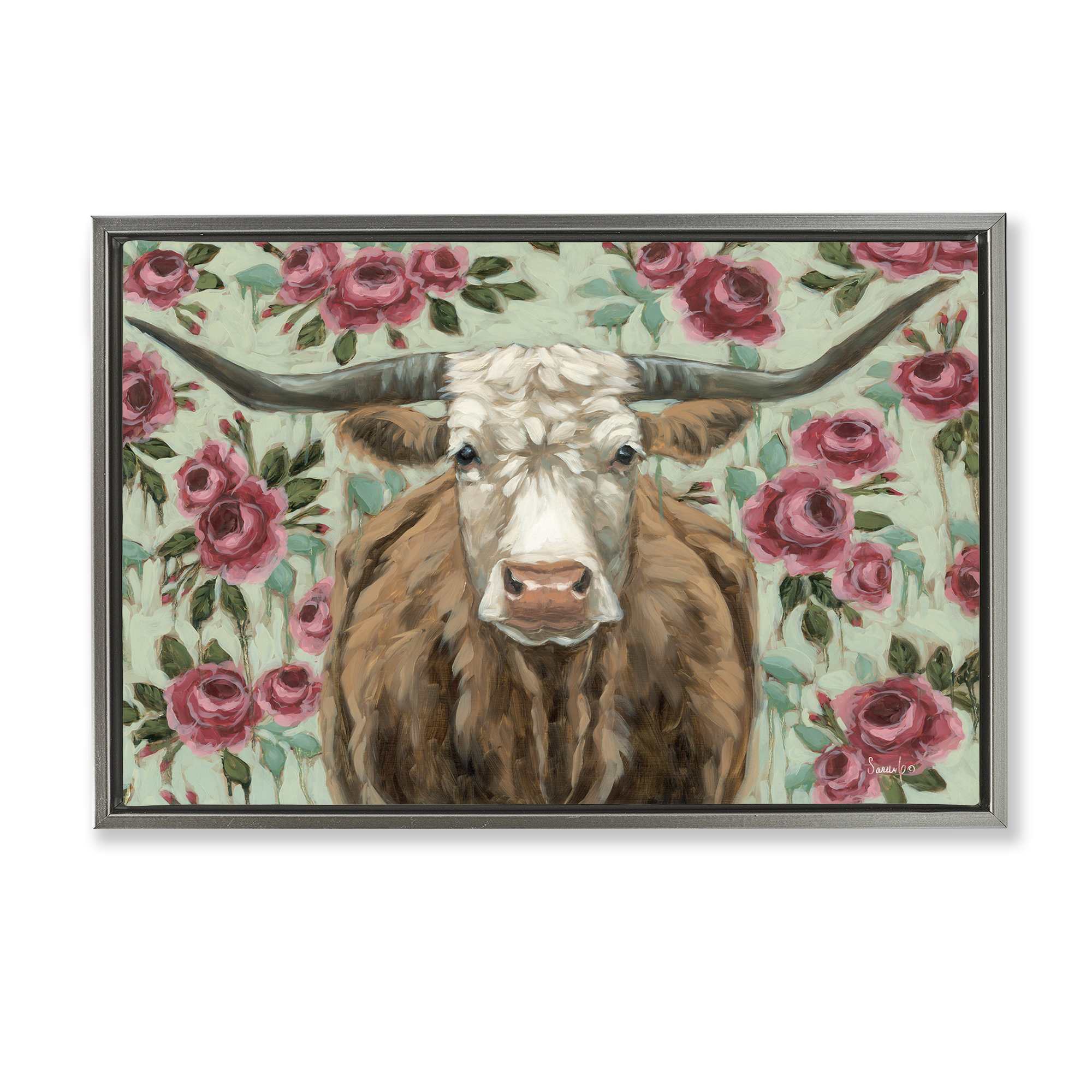 Stupell Industries BT-581-FFL-16X24 Longhorn with Magenta Blooms Gray Framed Floater Canvas Wall Art By Sara G. Designs 25 x 17