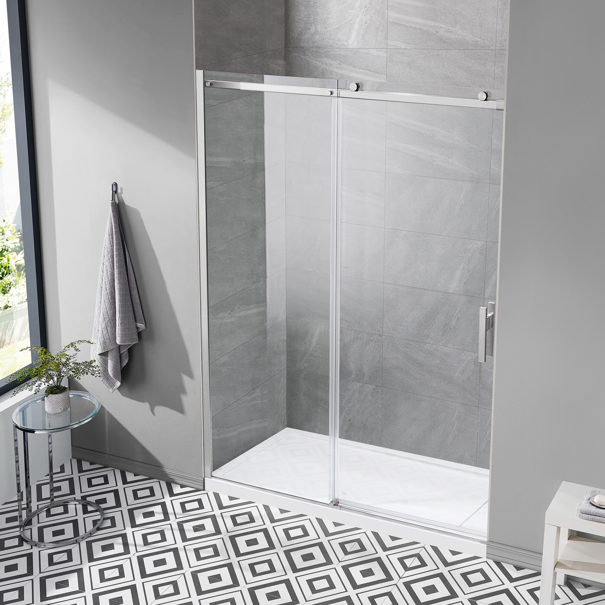allen + roth Davidson Satin Nickel 55-11/16-in to 60-1/16-in W x 78.75-in H Frameless Sliding Shower Door