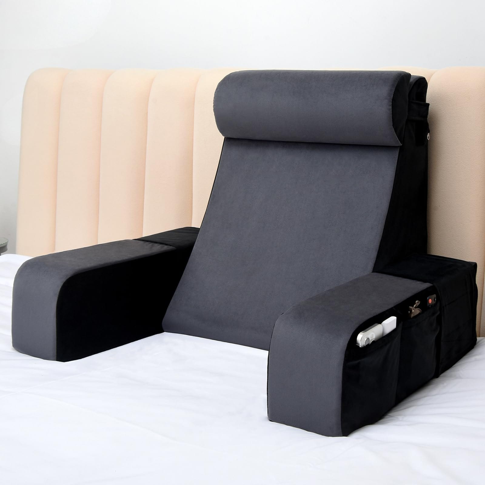 YICSAM Gray Black 21 inch Wedge Backrest Reading Pillow With XL Side Pockets Adjustable Headrest Removable Armrests Ergonomic Support For Bed Couch Floor