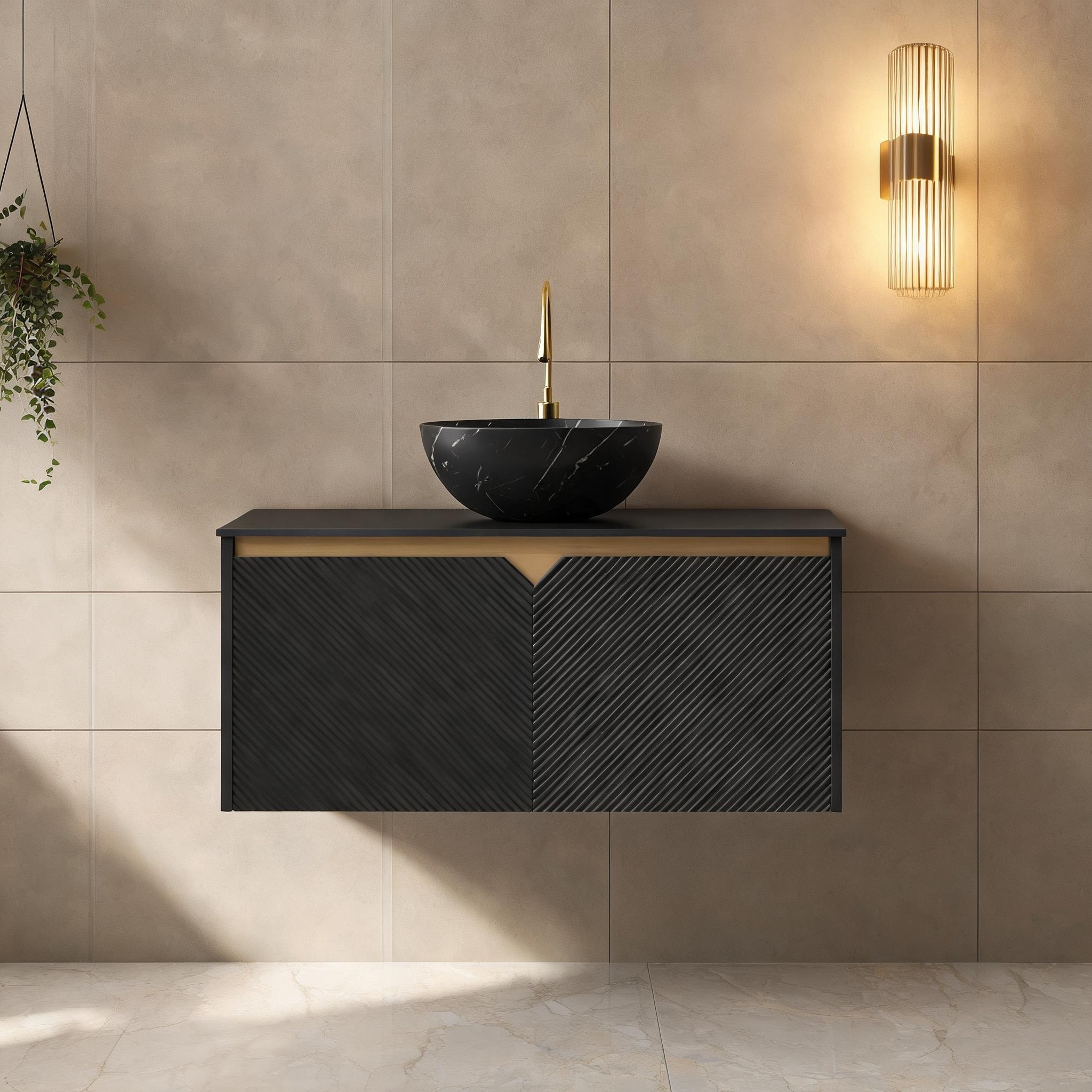 SunJet Floating Bathroom Vanity with Ceramic Vessel Sink Wall-Mounted Plywood Cabinet in Jet Black with Sintered Stone Top 36 Inch