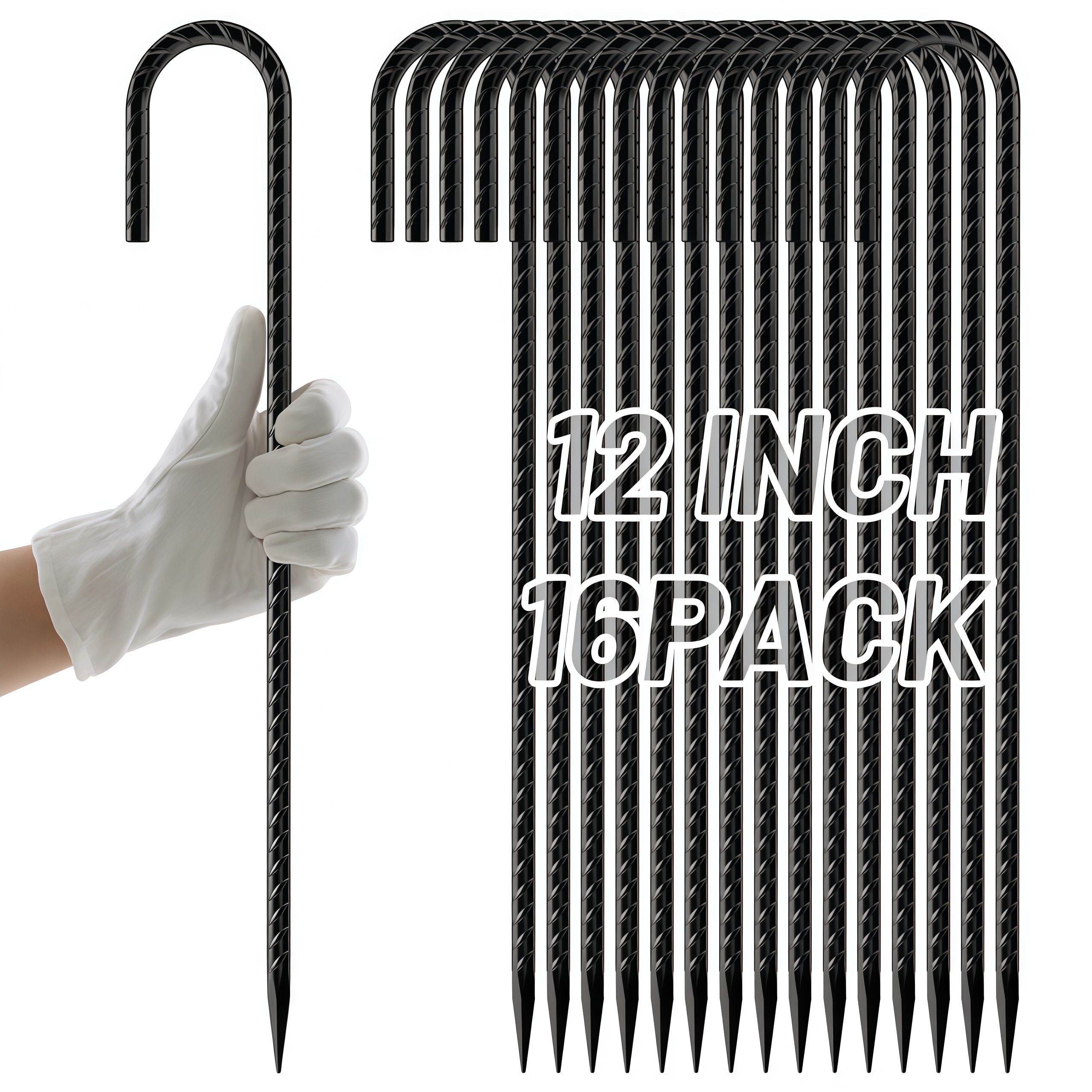 Numhew - J-Hook Ground Stakes 12-in Black-Coated Steel 16-Pack with 1/4-in Shafts