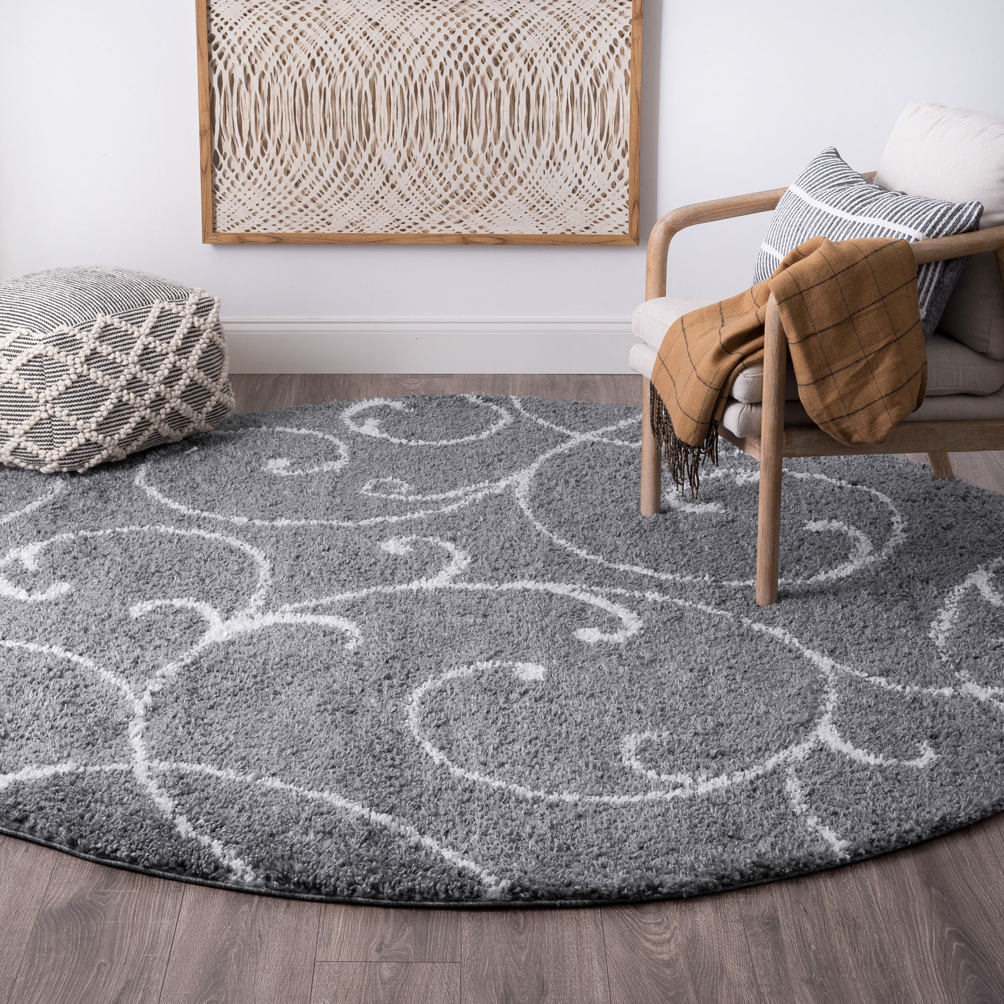 Tayse SOH1101 8RND Soho Shag 8 x 8 (ft) Loomed Polypropylene Gray Round Indoor Floral/Botanical French Country Area rug