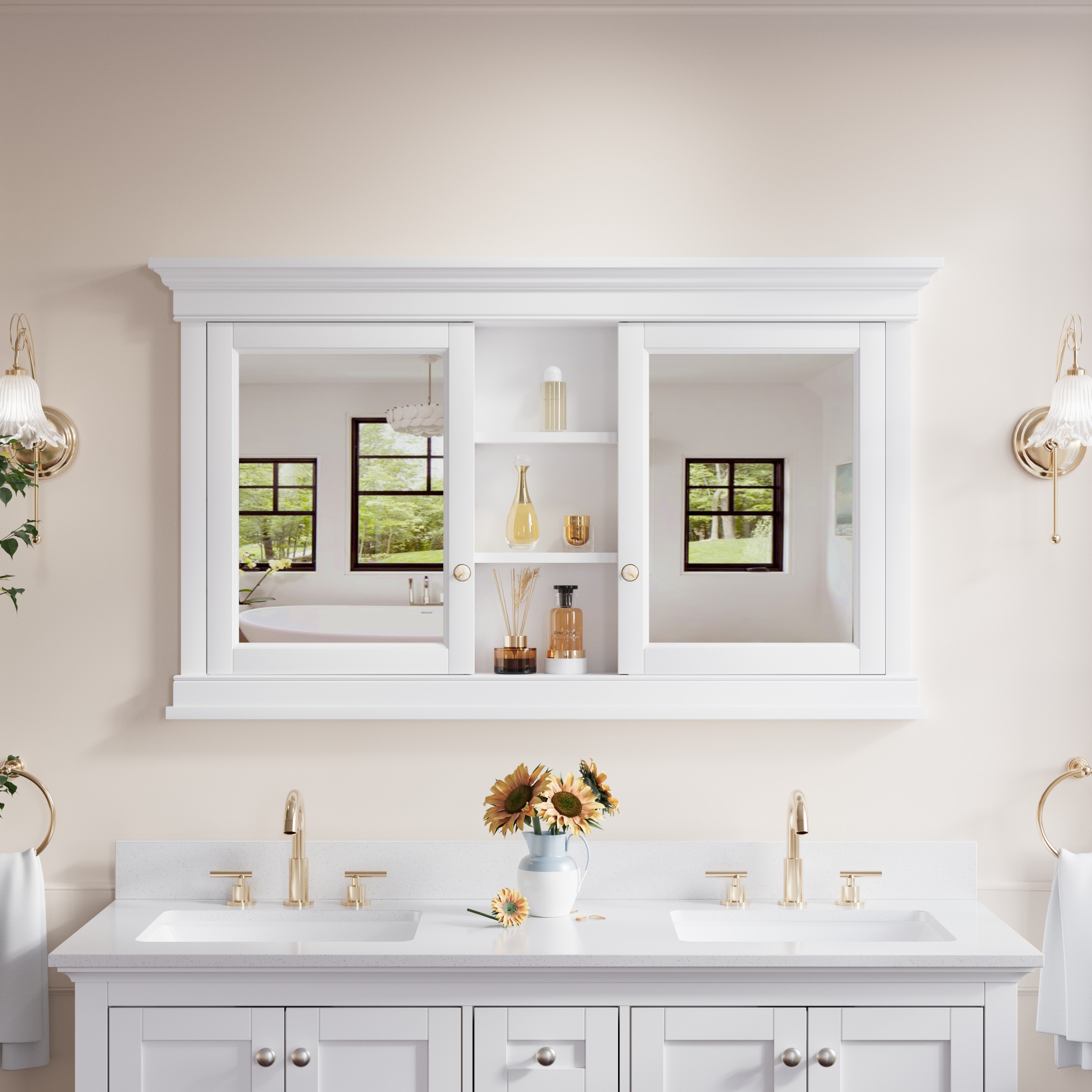 Ayelon Cabinet 55-in x 32-in Recessed Mount White Mirrored Rectangle Soft Close Medicine Cabinet