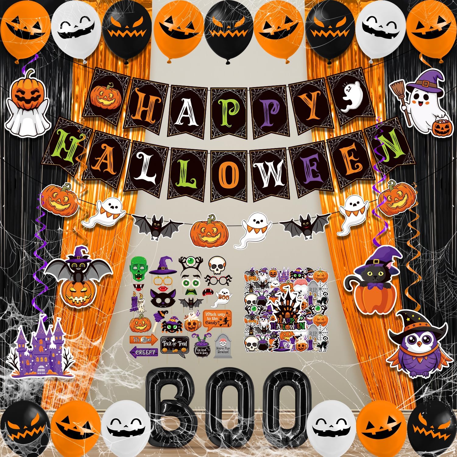 TONIFUL B0FBV4TKW4 112pcs Halloween Party Decorations Indoor Set include Happy Halloween Banner Boo Balloons Ghost Garland Hanging Swirls Pumpkin Stickers Spider Web and Party Supplies for Festival Events