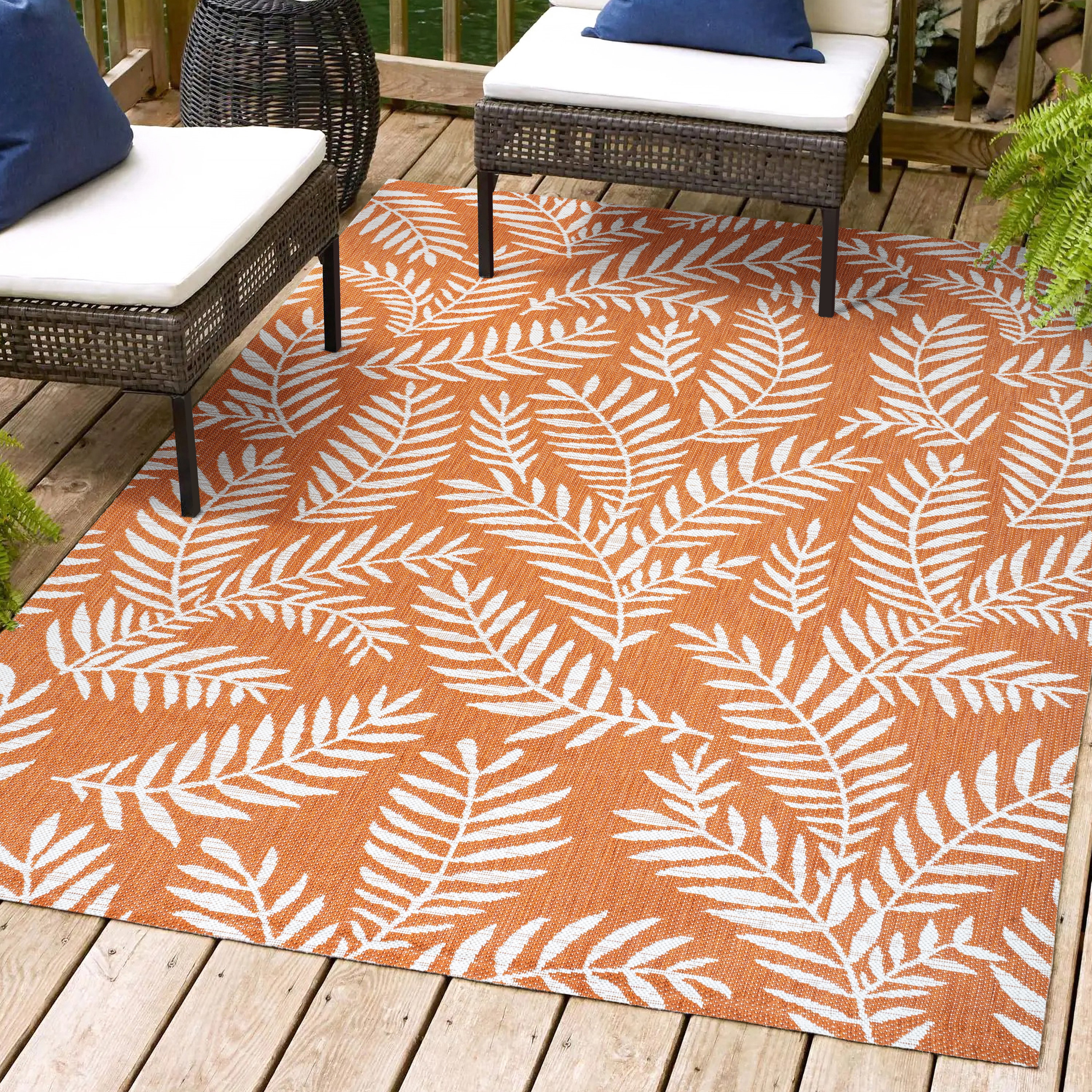 JONATHAN  Y SMB119E-5 Santa Monica Nevis Palm Frond 5 x 8 (ft) Loomed Polypropylene Orange/Cream Rectangular Indoor/Outdoor Floral/Botanical Coastal Area rug