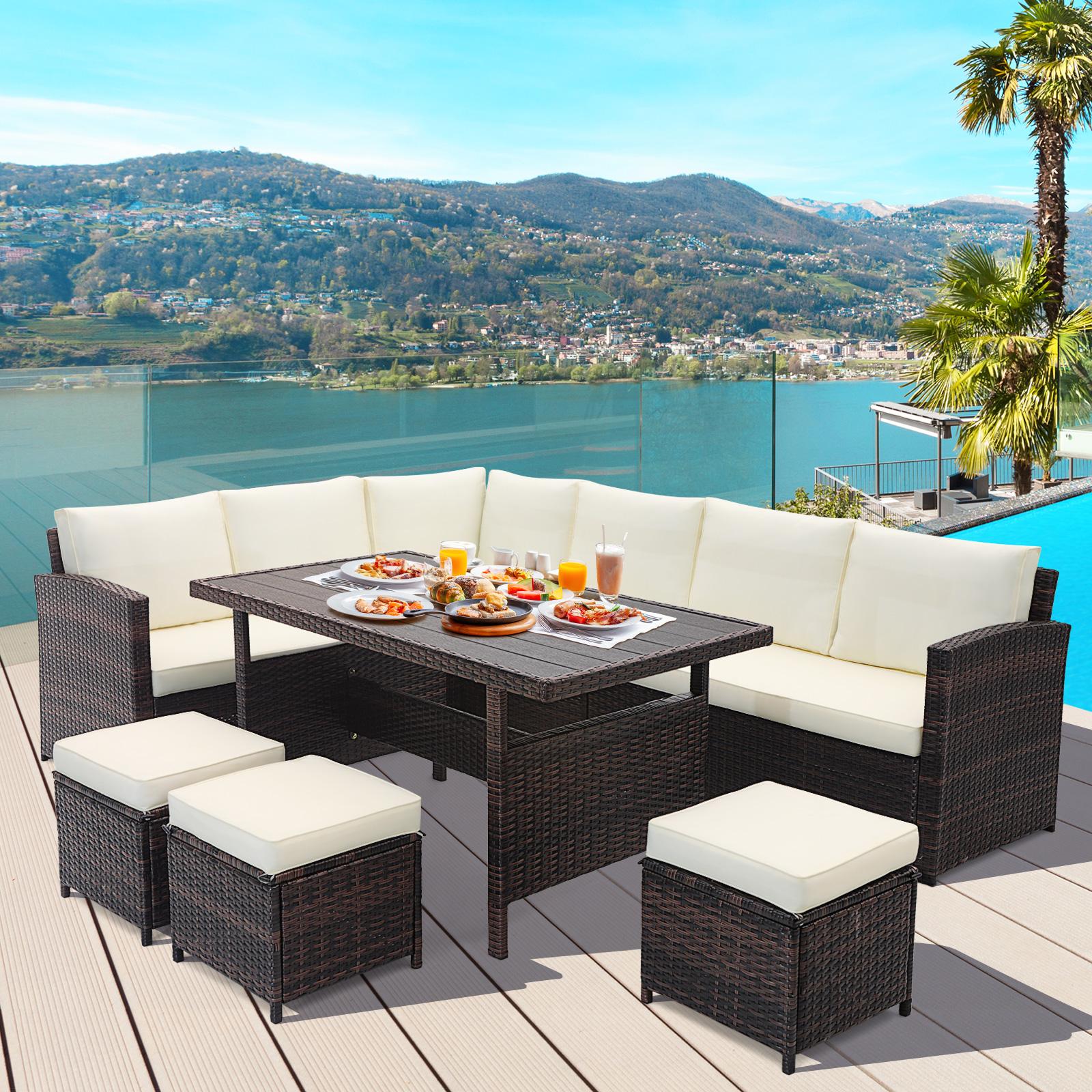 BABOOM BOM-1243WH+-CO Patio Furniture Set 7 -Piece Mixed Brown Wicker Patio Dining Set Wicker Rectangle Table with 3 Off-white Cushions Stationary Chairs