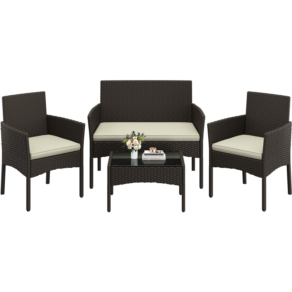 4-Piece Brown Beige Outdoor Reception Set with 2 Sofas and 1 Coffee Table