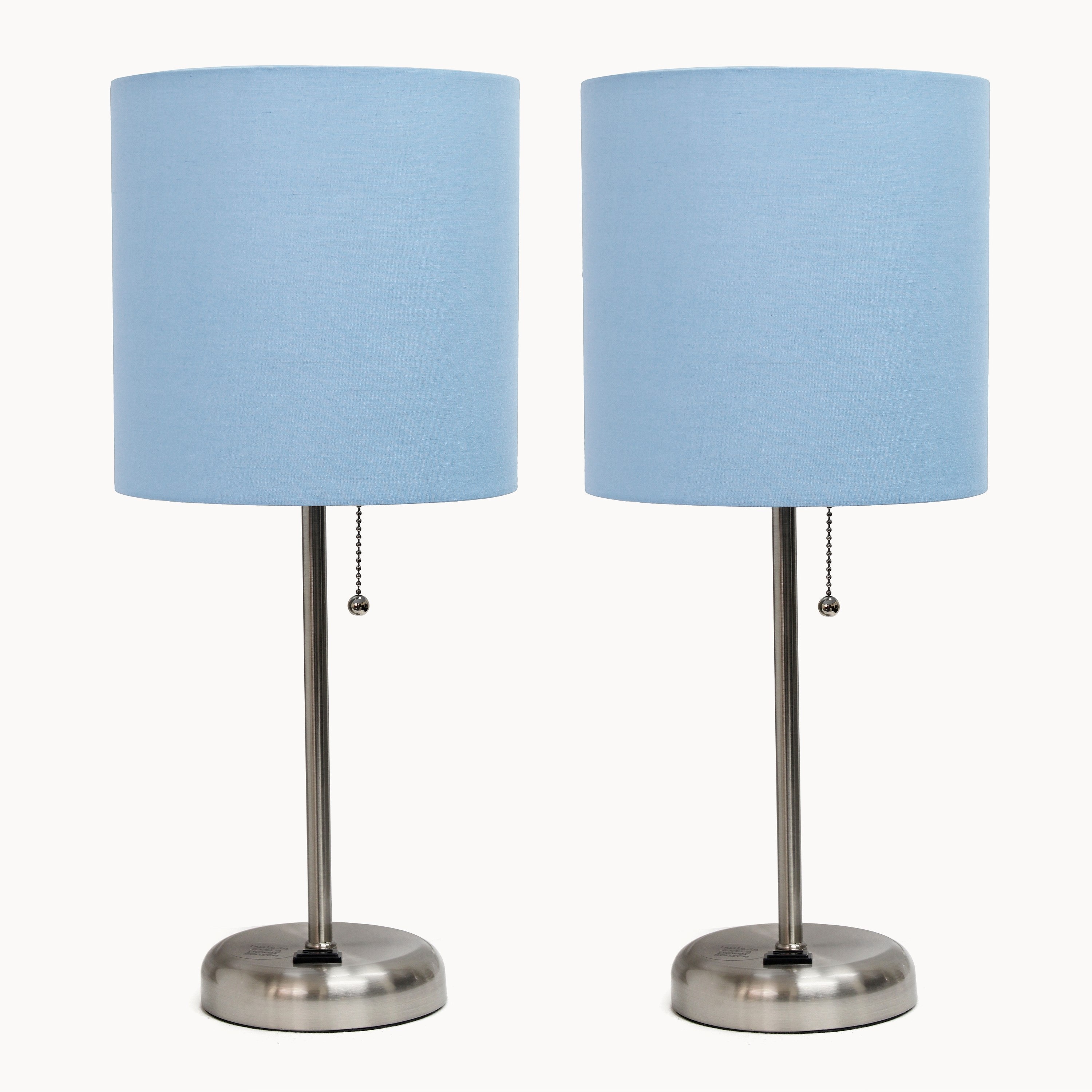 Simple Designs LT2024-BLU-2PK 19.5-in Brushed Steel/Blue Shade LED Pull-chain Table Lamp with Fabric Shade 2 -Set