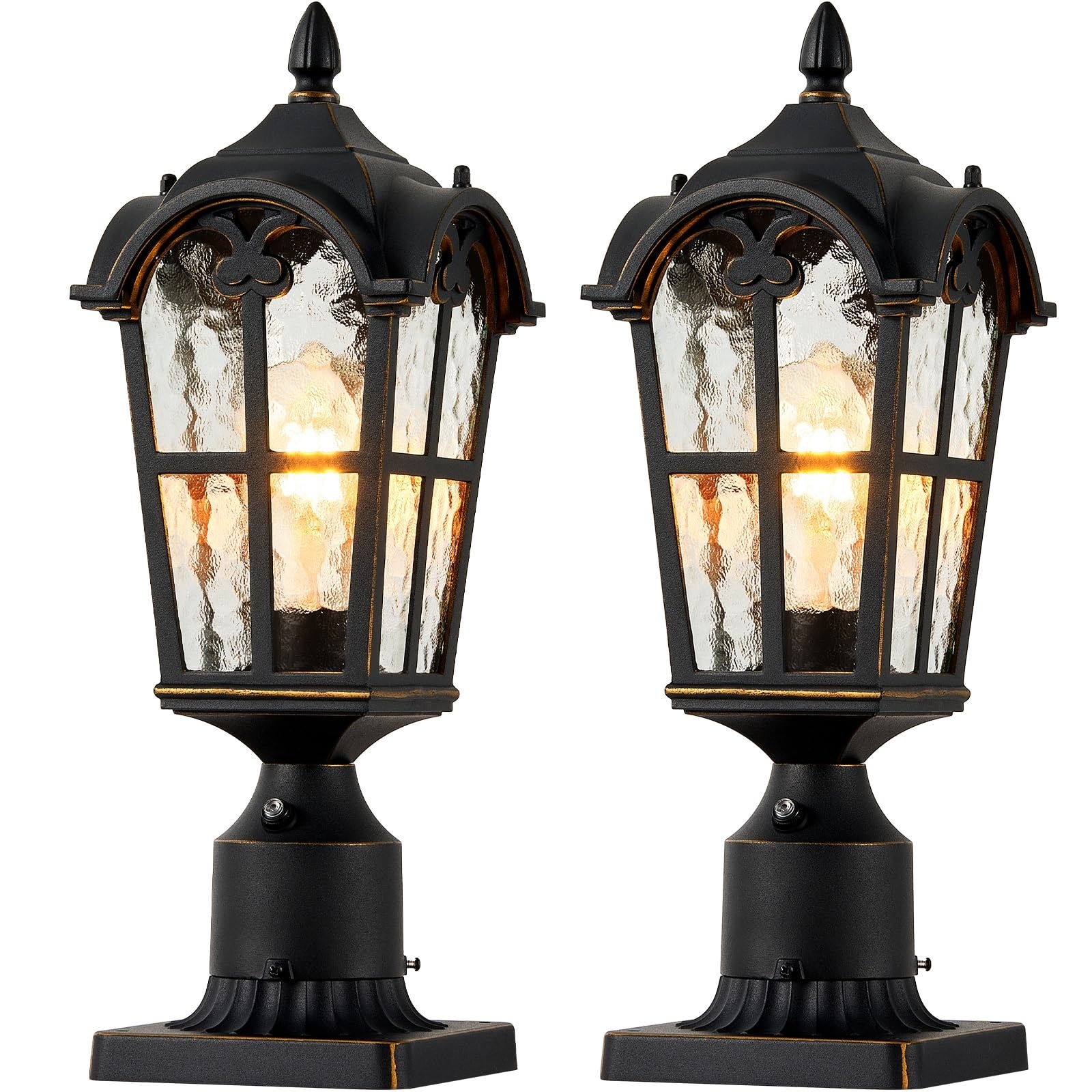 Oyezvary  2 Pack Outdoor Hardwired Post Light Black Dusk to Dawn Lantern Fixture Aluminum Waterproof Pier Mount Base Water Ripple Glass 120VAC