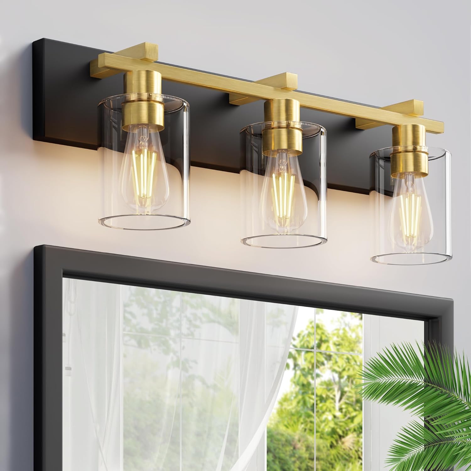 Espird 3-Light Matte Black and Gold Vanity Light Fixture with Clear Glass Shades 21 Inch Modern Wall Sconce for Bathroom Mirror