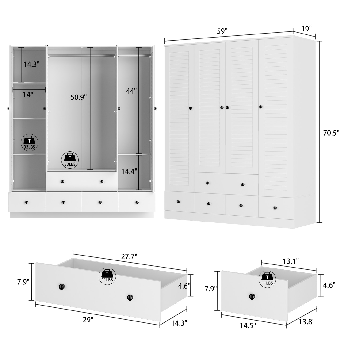 FUFU&GAGA 4-Door Wardrobe Closet with 5 Drawers, Sliding Doors, and ...