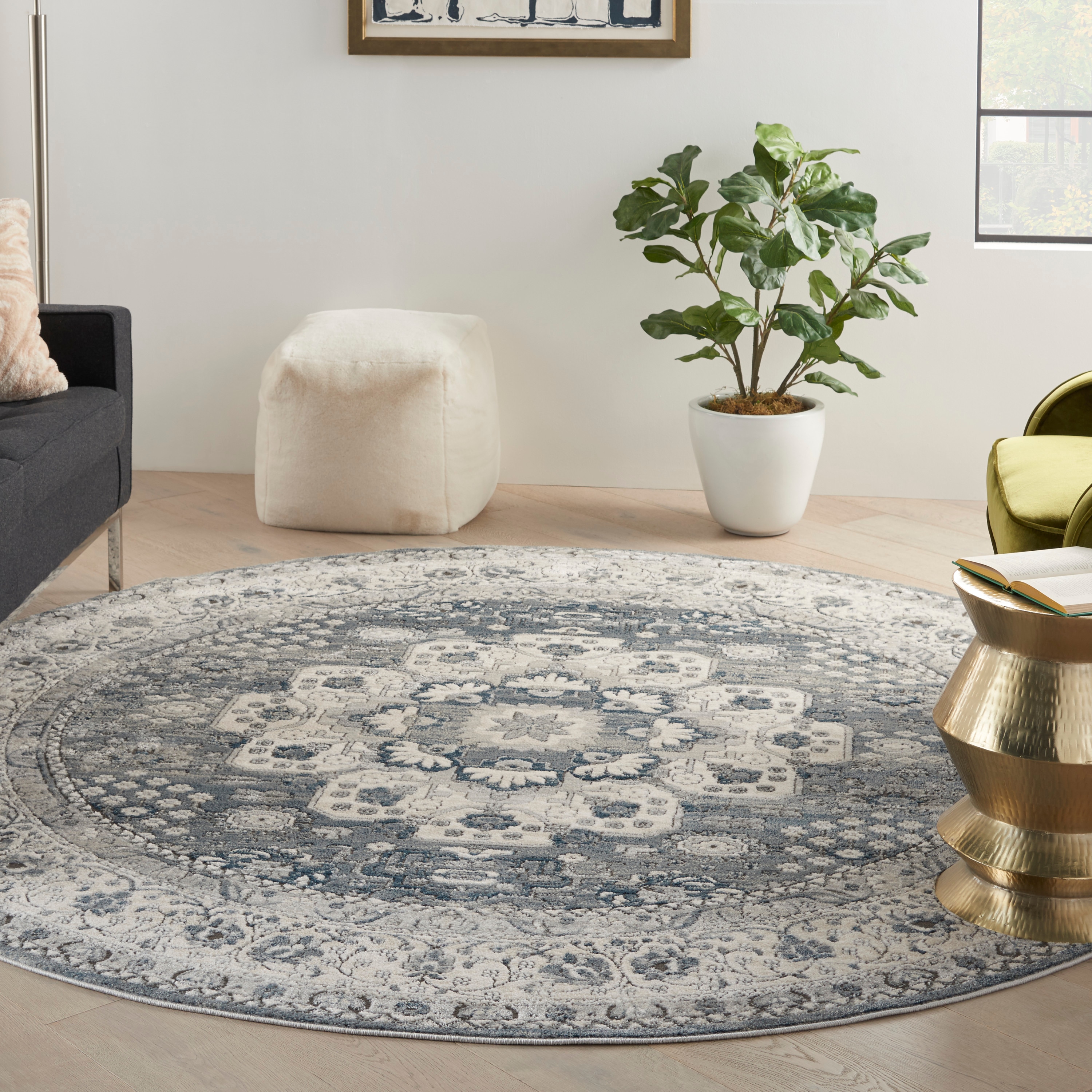 Nourison 099446808875 Concerto 8 x 8 (ft) Loomed Polypropylene Grey/Ivory Round Indoor Floral/Botanical Area rug