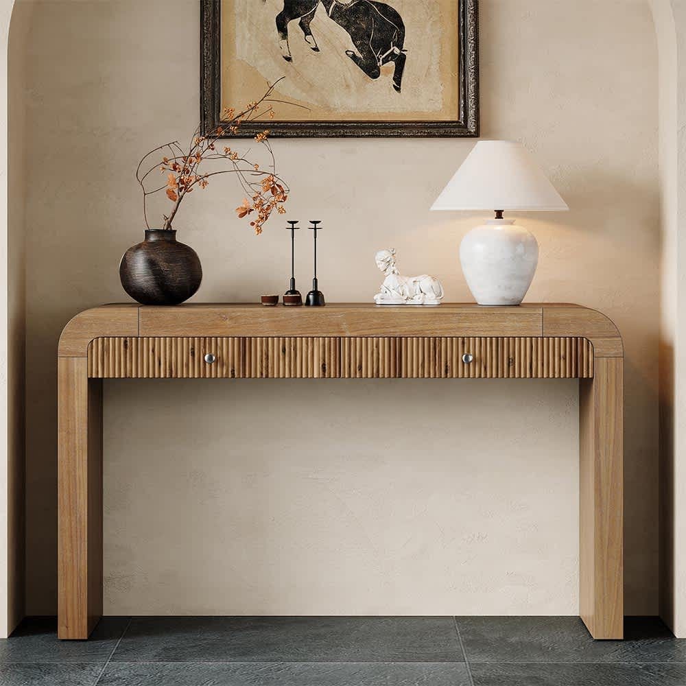 JUJABU CONSOLECABINET-2 Natural Rustic Console Table with Fluted Drawer Front Sturdy Sofa Table for Hallway and Living Room