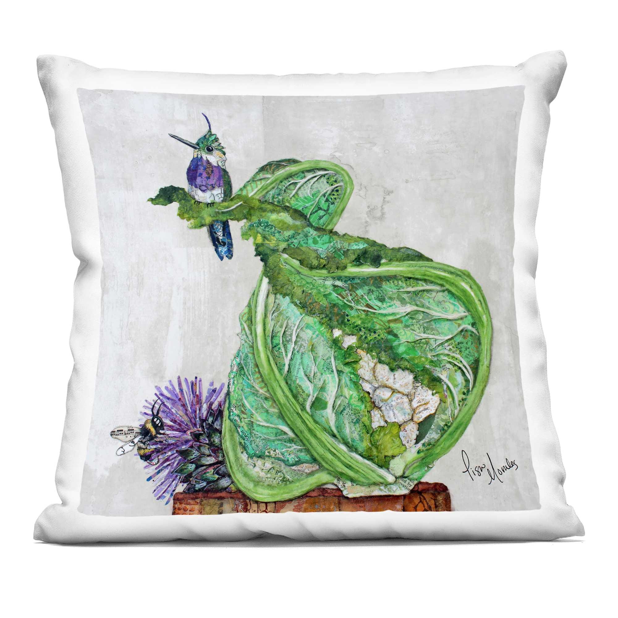 Stupell Industries PLQ-316-SQW-18X18 Hummingbird on Cauliflower Decorative Printed Throw Pillow design by Lisa Morales 18 x 18