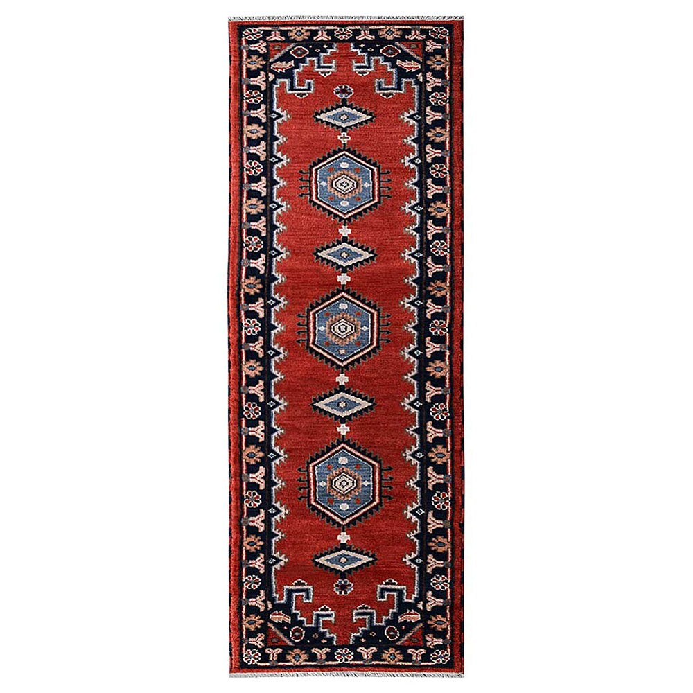 Rugsotic Carpets  HAND KNOTTED WOOL AND SILK ECO-FRIENDLY ORIENTAL AREA RUGS  - 2'6''x10' Runner Shape Dark Orange Navy Color Oriental Design  High Pile Handmade Area Rugs for Living Room Bed Room AF0112