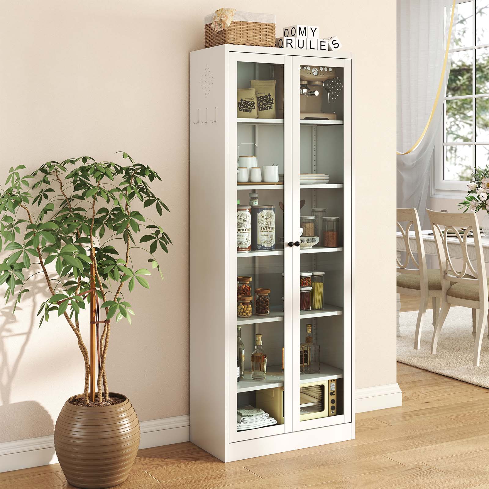 27.56-in W x 72.05-in H Metal White Standing Utility Heavy Duty Storage Cabinet 2 Glass Door Display Cabinet Kitchen Pantry Buffet Cupboard with Adjustable Shelves
