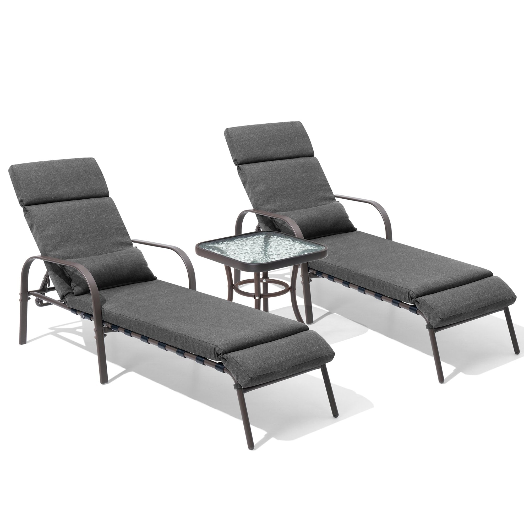 Crestlive Products CL-LG015DGY-3 Folding Chaise Lounge with Table 3 -Piece Patio Conversation Set with Gray Cushions