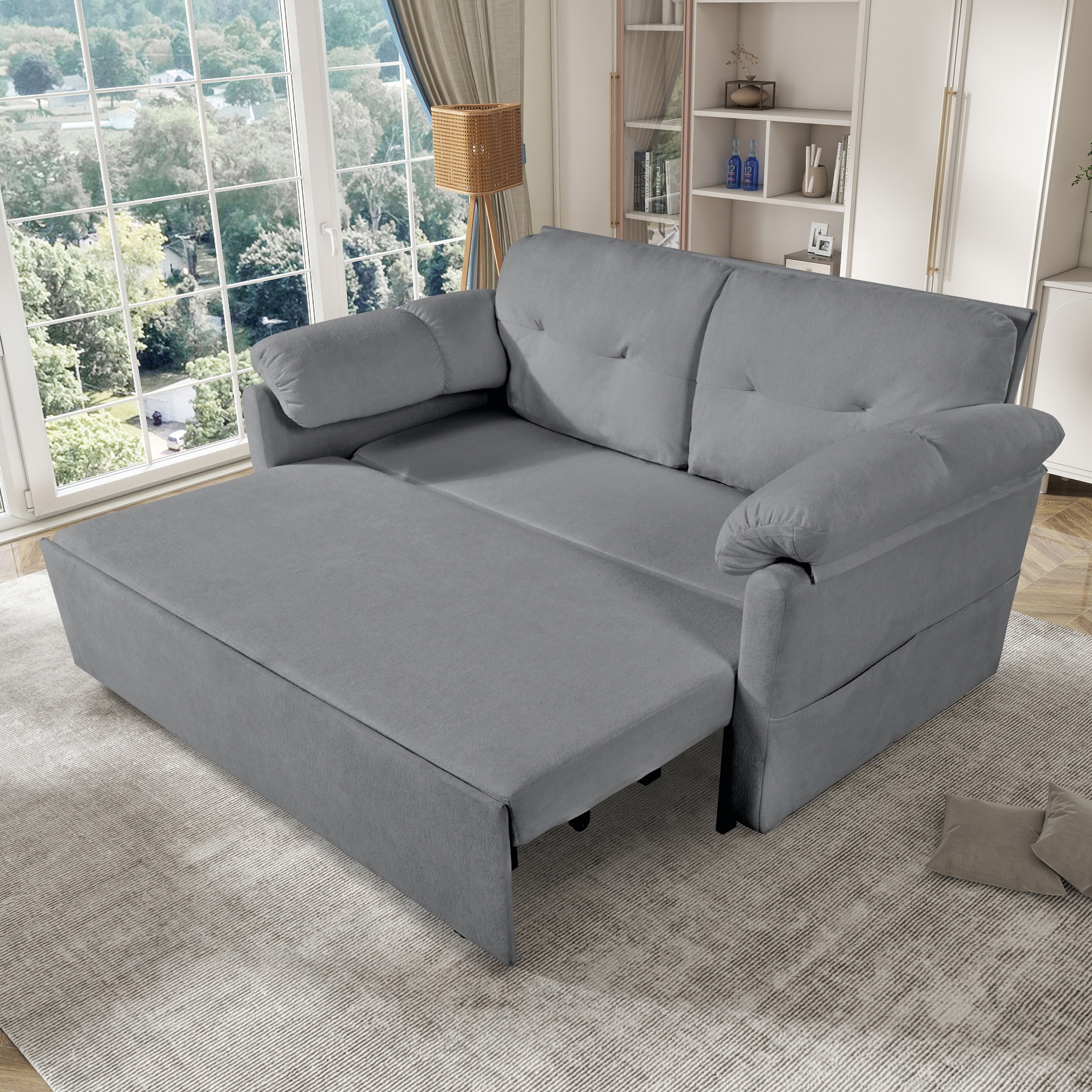 Homy Casa SLPPE GY BED SLPPE Chenille 71.65in Convertible Sleeper Sofa Queen Size Multi functional Pull Out Couch with Storage for Living Room and Bedroom in Cloud Grey
