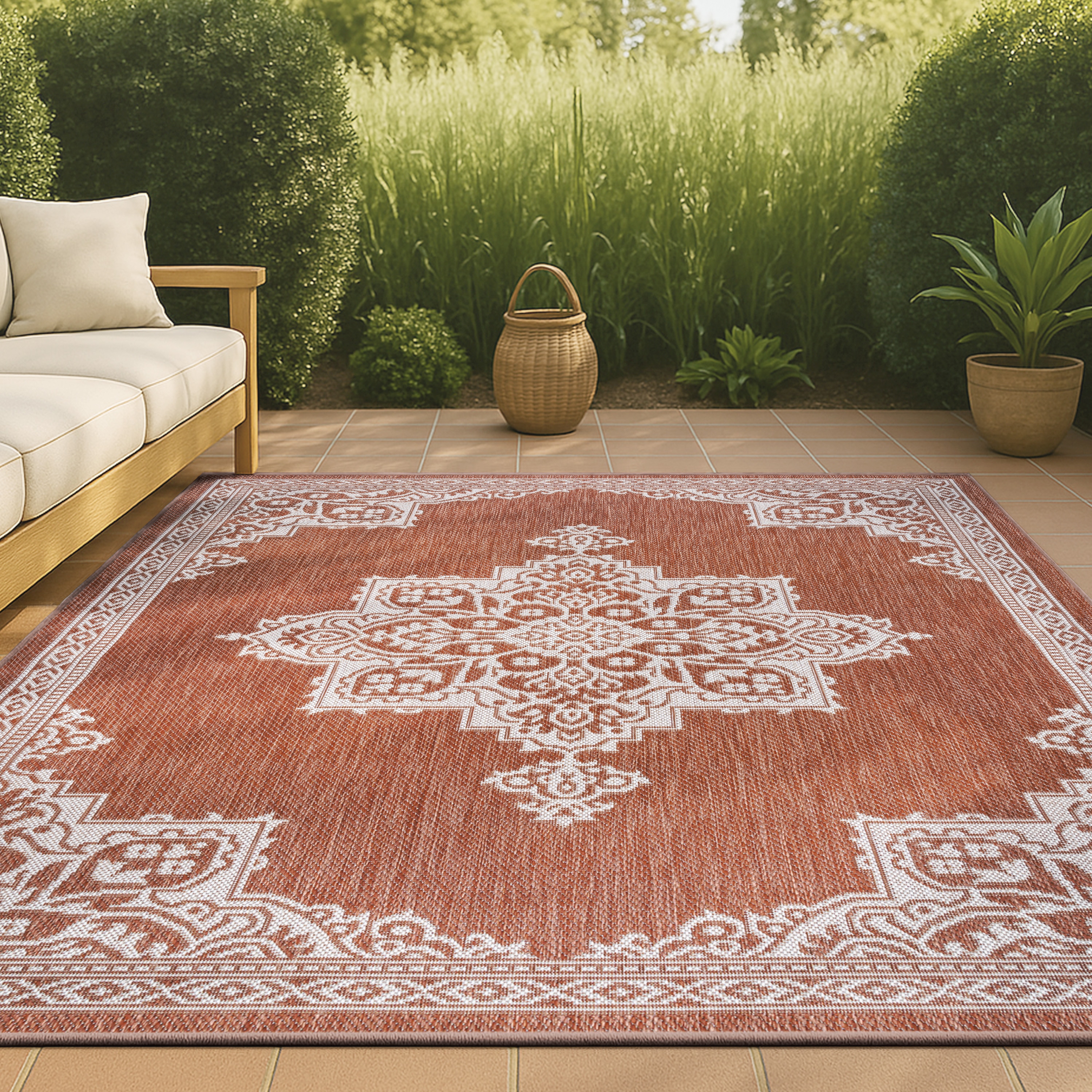 JONATHAN  Y SMB300E-8 SANTA MONICA Arden Vintage Casual Medallion 8 x 10 (ft) Loomed Terra/Cream Rectangular Indoor/Outdoor Medallion Vintage Pet Friendly Area rug