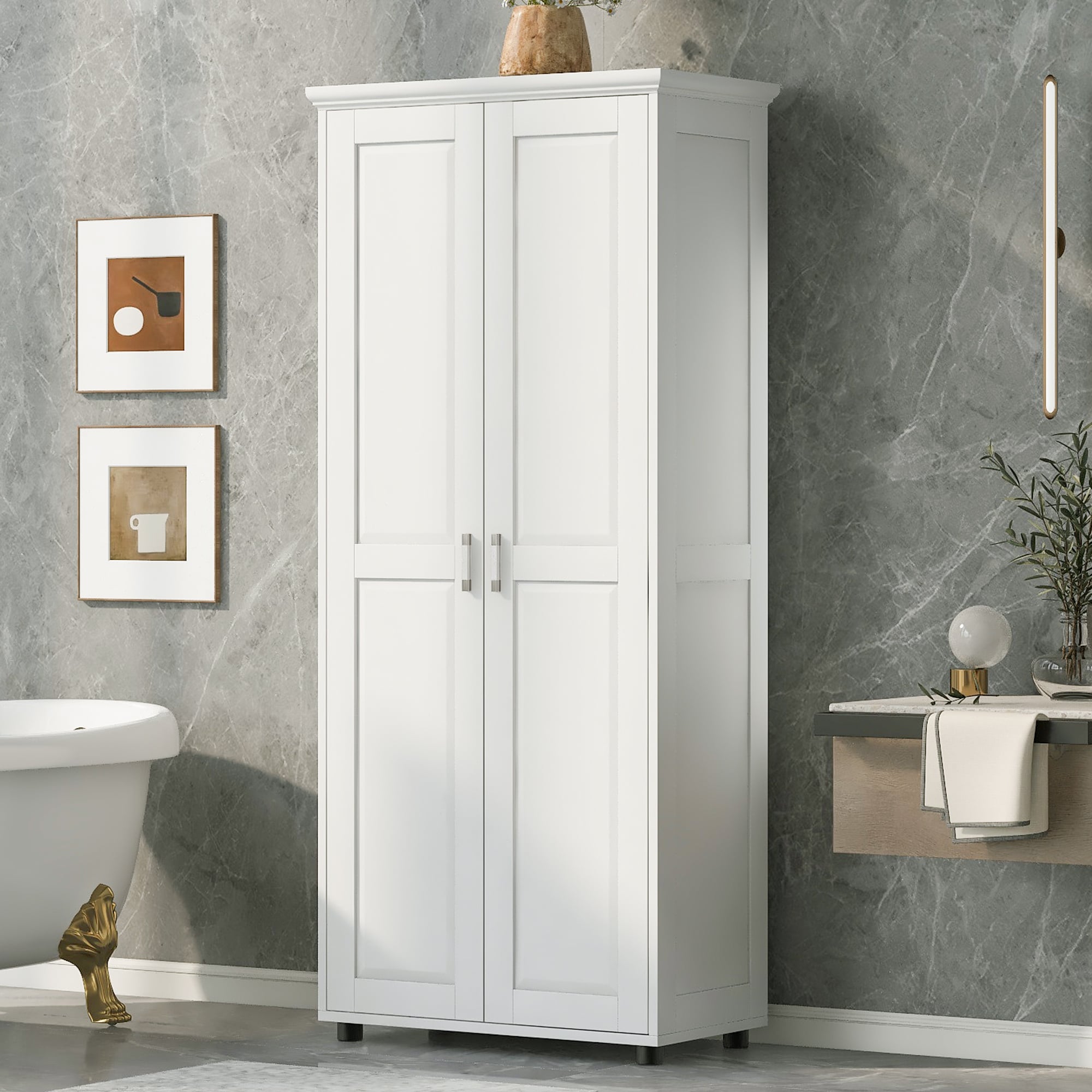 Dimakai White Storage Cabinet with Two Doors Adjustable Shelf MDF Board for Bathroom Office