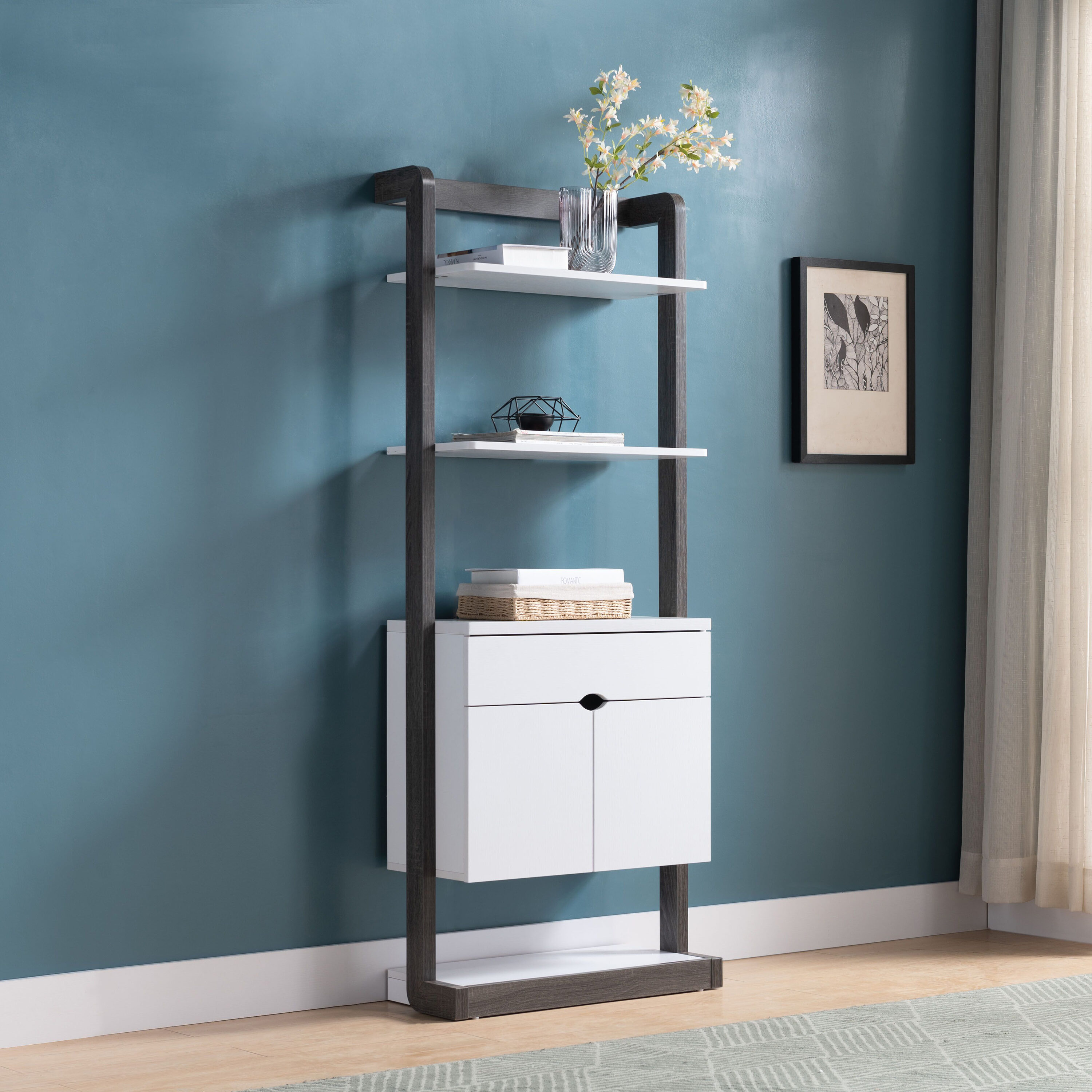 FC Design ID90213031 Distressed Gray and White Mdf 4-Shelf Bookcase with Doors (26-in W x 65-in H x 12-in D)